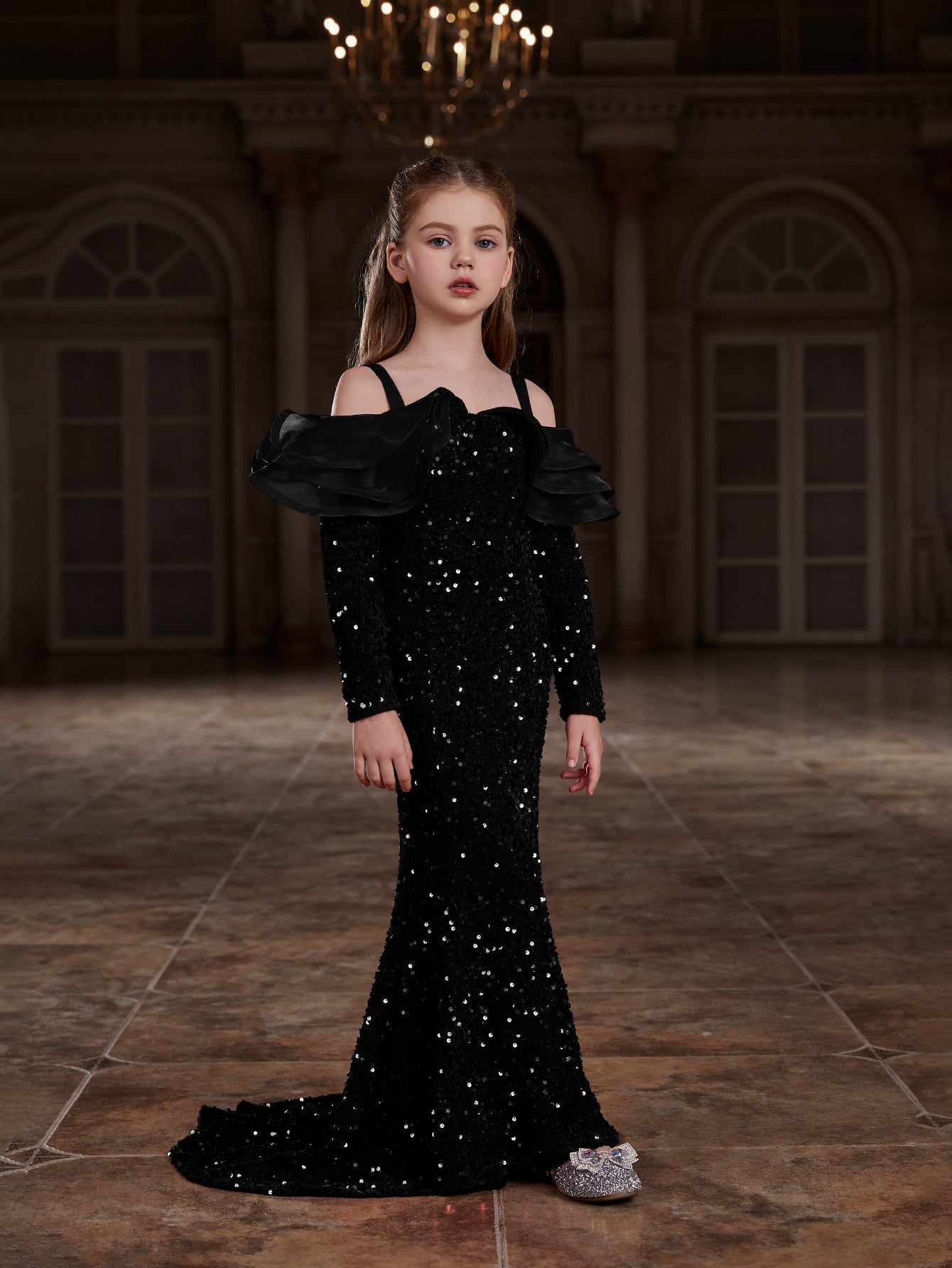 Tween Girls' Off Shoulder Ruffle Trim Sequin Mermaid Dress Black / 11Y Tween Girls' Off Shoulder Ruffle Trim Sequin Mermaid Dress Black / 11Y