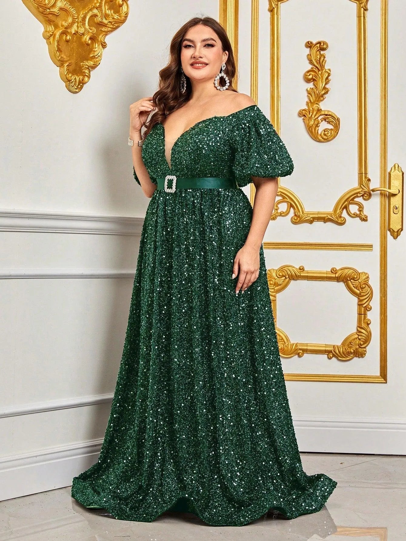 Plus Off Shoulder Puff Sleeves Sequin Formal Dress Black / 3XL Plus Off Shoulder Puff Sleeves Sequin Formal Dress Black / 3XL