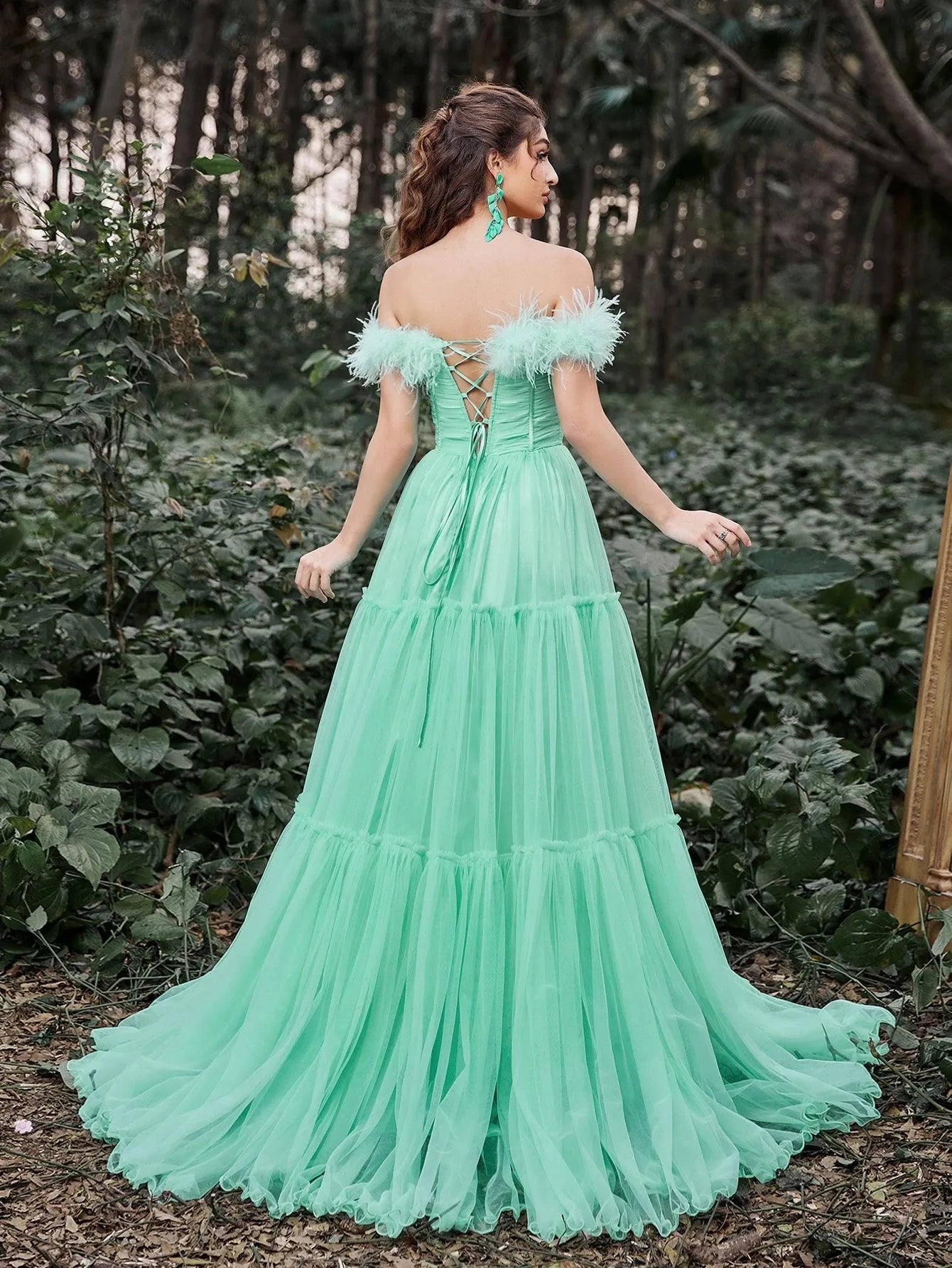 Elegant Feather Trim Off Shoulder Layered Tulle Prom Dress Mint / L Elegant Feather Trim Off Shoulder Layered Tulle Prom Dress Mint / L