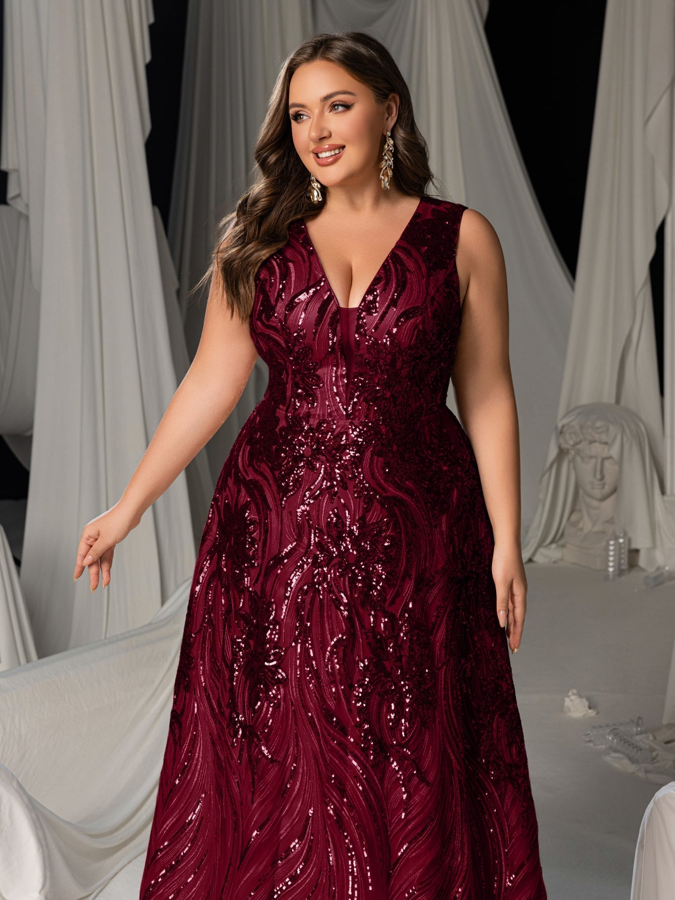 Plus Floral Sequin V Neck Sleeveless A-Line Formal Dress