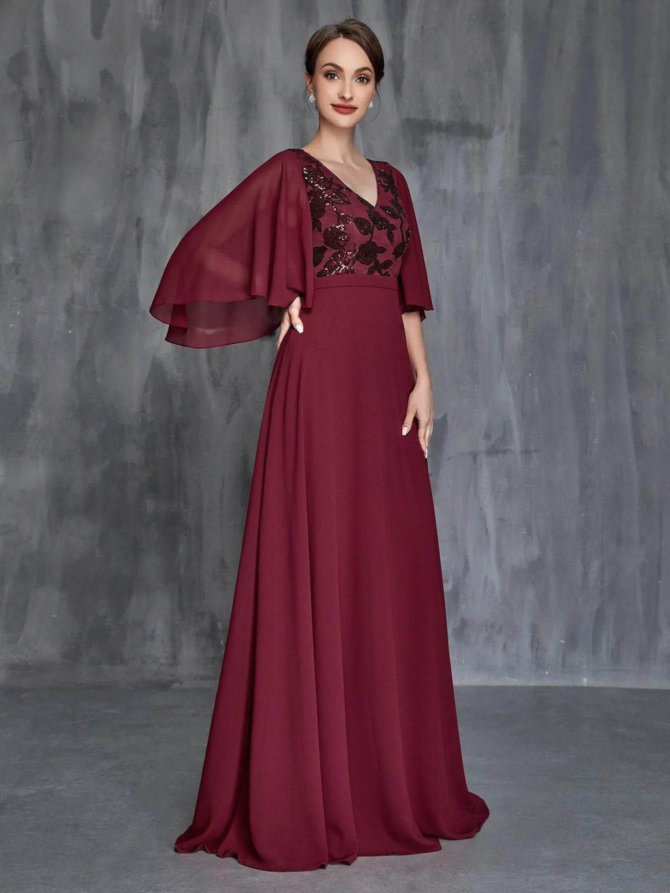 Womens Flounce Sleeve Contrast Sequin Chiffon Dress Burgundy / S Womens Flounce Sleeve Contrast Sequin Chiffon Dress Burgundy / S