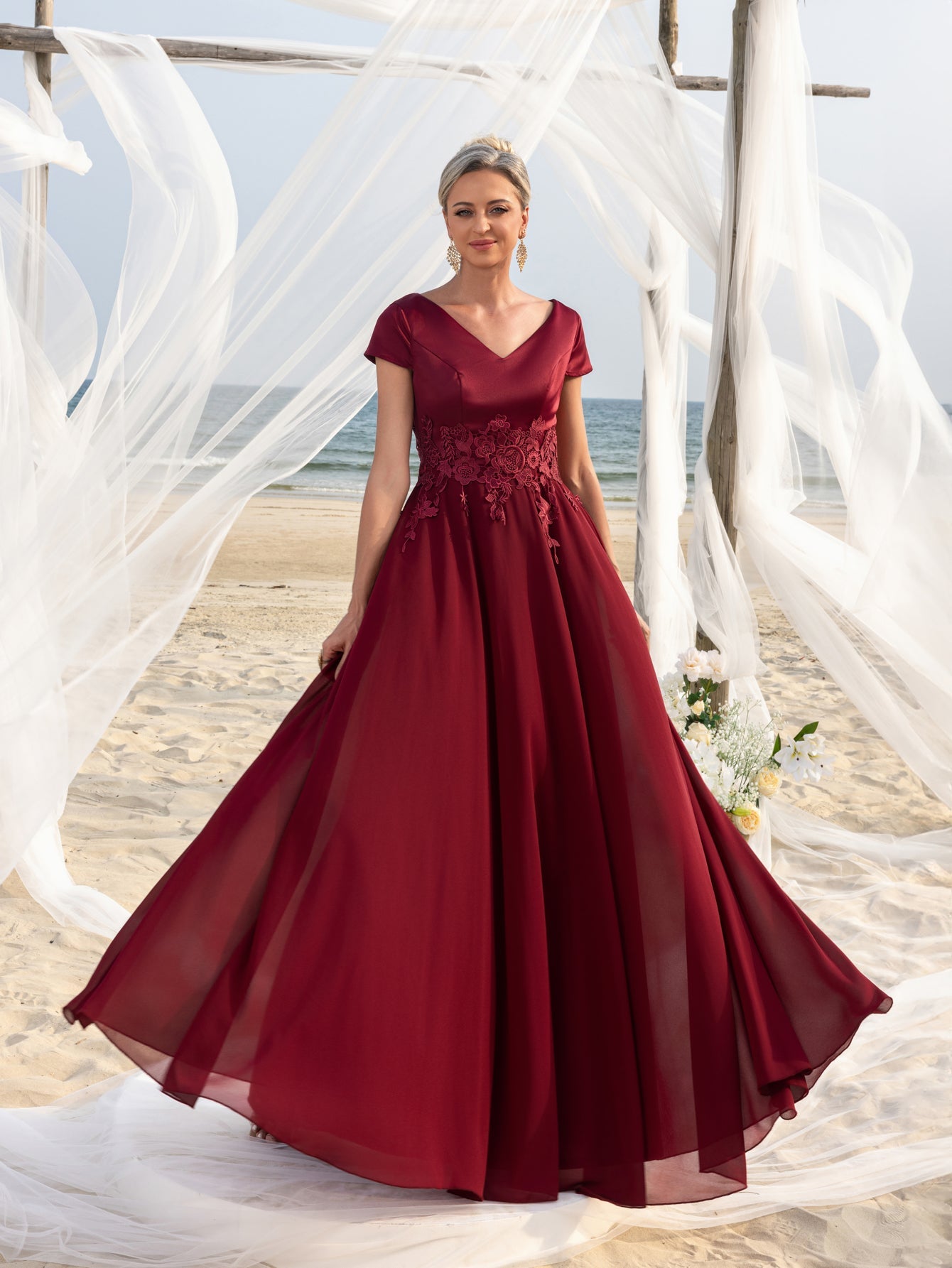 Womens' Elegant Chiffon Evening Gown with V-Neck & Short Sleeves – Intricate Lace Floral Appliqués on Bodice, Floor-Length Flowing Skirt for Outdoor Ceremonies, Formal Garden Parties & Upscale Evening Events