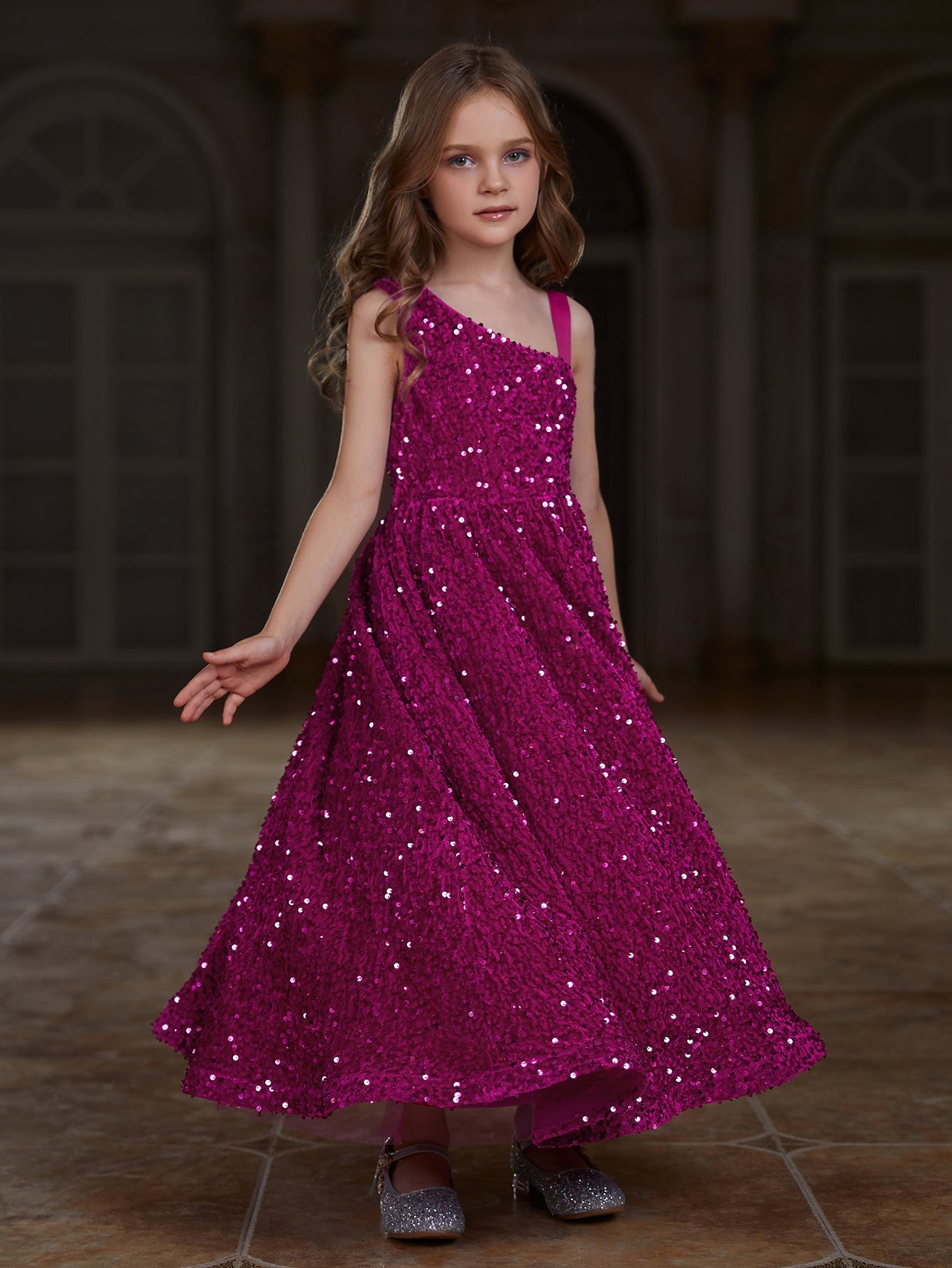 Girl's Asymmetrical Neckline Sleeveless Sequin Party Dress, Hot Pink / 8Y