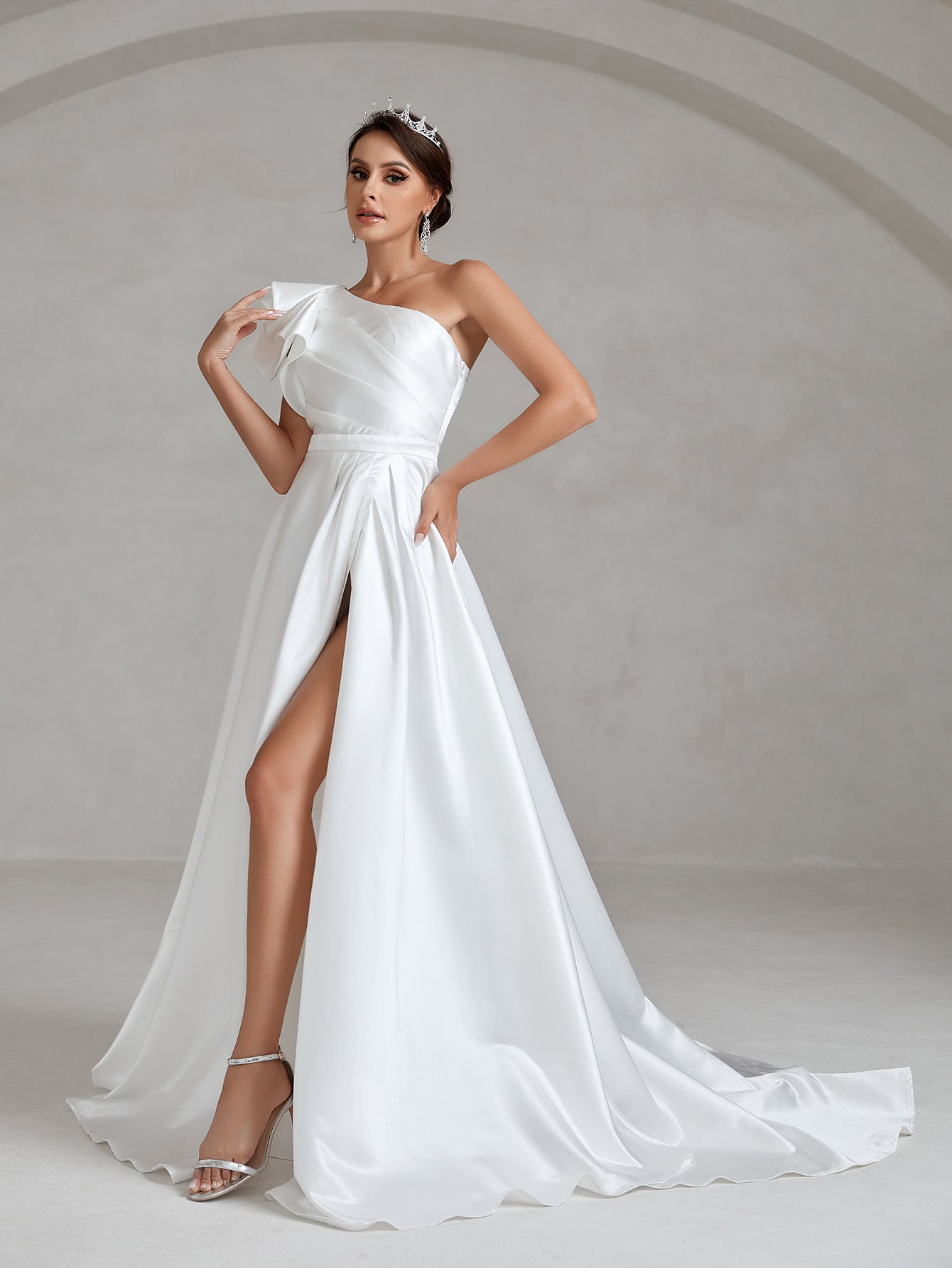 Ruffle Trim One Shoulder Split Thigh Satin A Line Wedding Dress