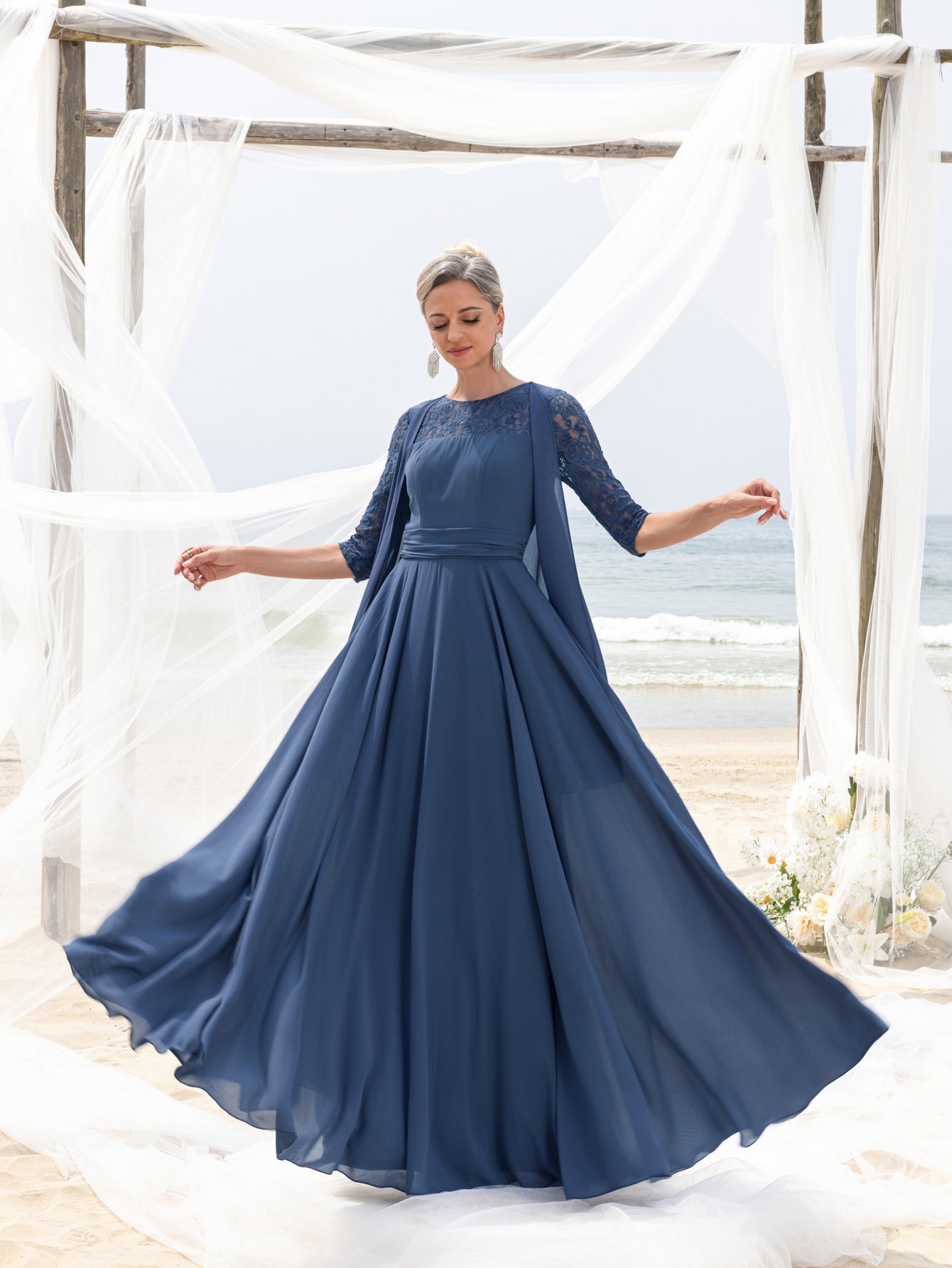beach wedding dresses mother of bride Womens' Lace & Chiffon Mother-of-the-Bride Dress: Flowing Beach Weddi Blue Ashes / S