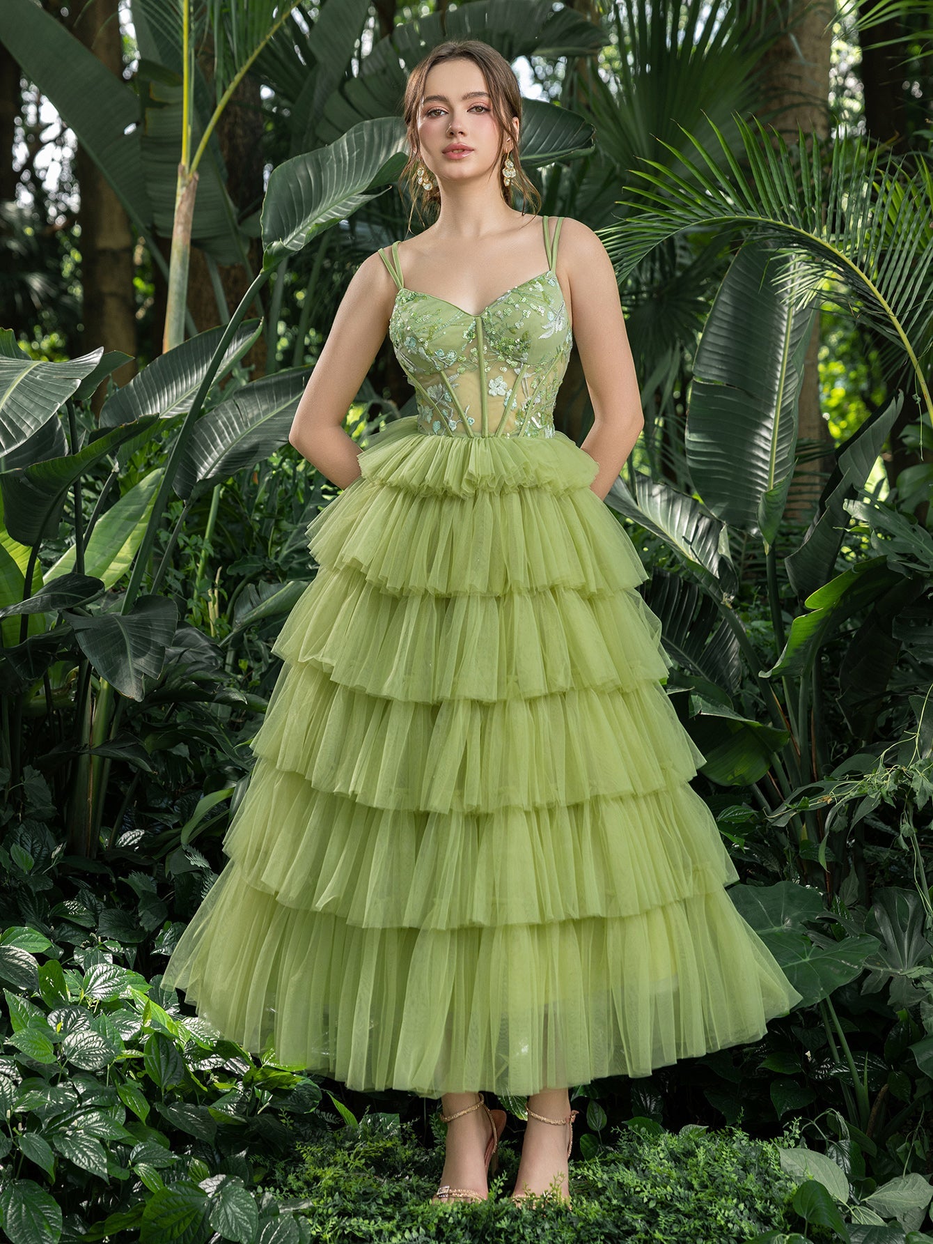 Midi Elegant Tulle Party Dress with Floral Embroidery & Tiered Ruffle Green / L Midi Elegant Tulle Party Dress with Floral Embroidery & Tiered Ruffle Green / L