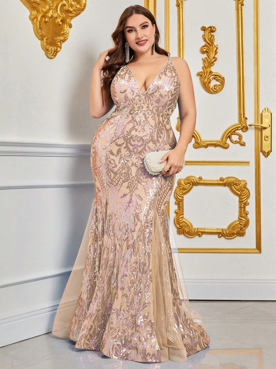 plus size sequined lace dress Plus Size Sequin Mermaid Formal Prom Long Dress by LaDivine CD0214C