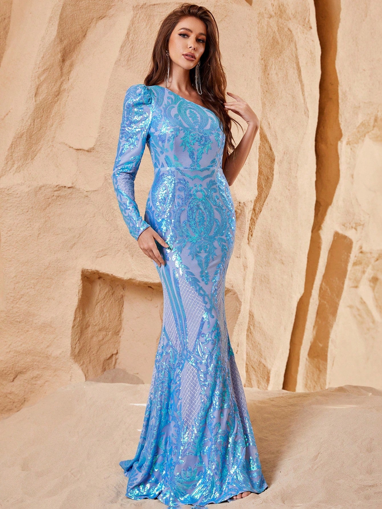 Elegant One Shoulder Long Sleeve Sequin Mermaid Dress Blue / L Elegant One Shoulder Long Sleeve Sequin Mermaid Dress Blue / L