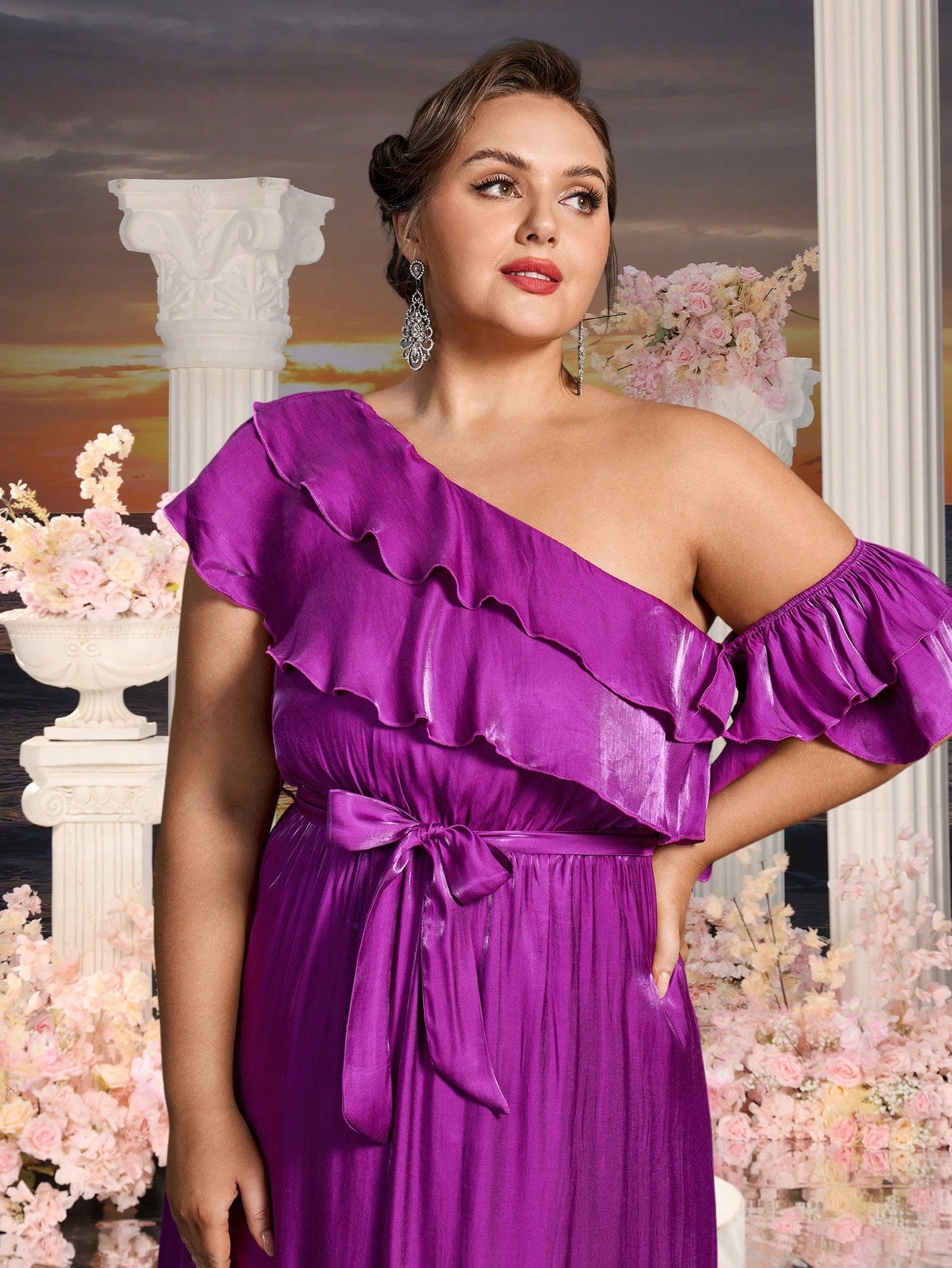 plus one shoulder dress Amania Floral Suraya One Shoulder Midi Dress Curve BLUE-PURPLE / 1X by Sugarlips
