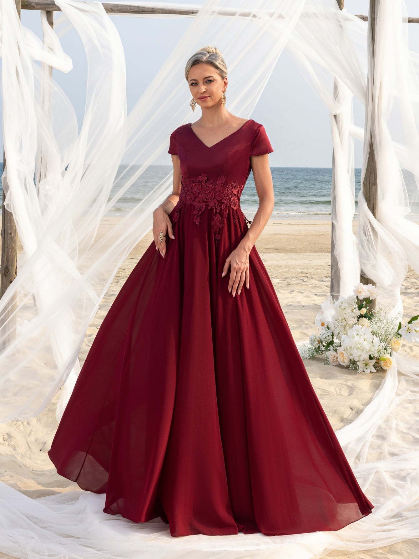 Womens' Elegant Chiffon Evening Gown with V-Neck & Short Sleeves – Intricate Lace Floral Appliqués on Bodice, Floor-Length Flowing Skirt for Outdoor Ceremonies, Formal Garden Parties & Upscale Evening Events