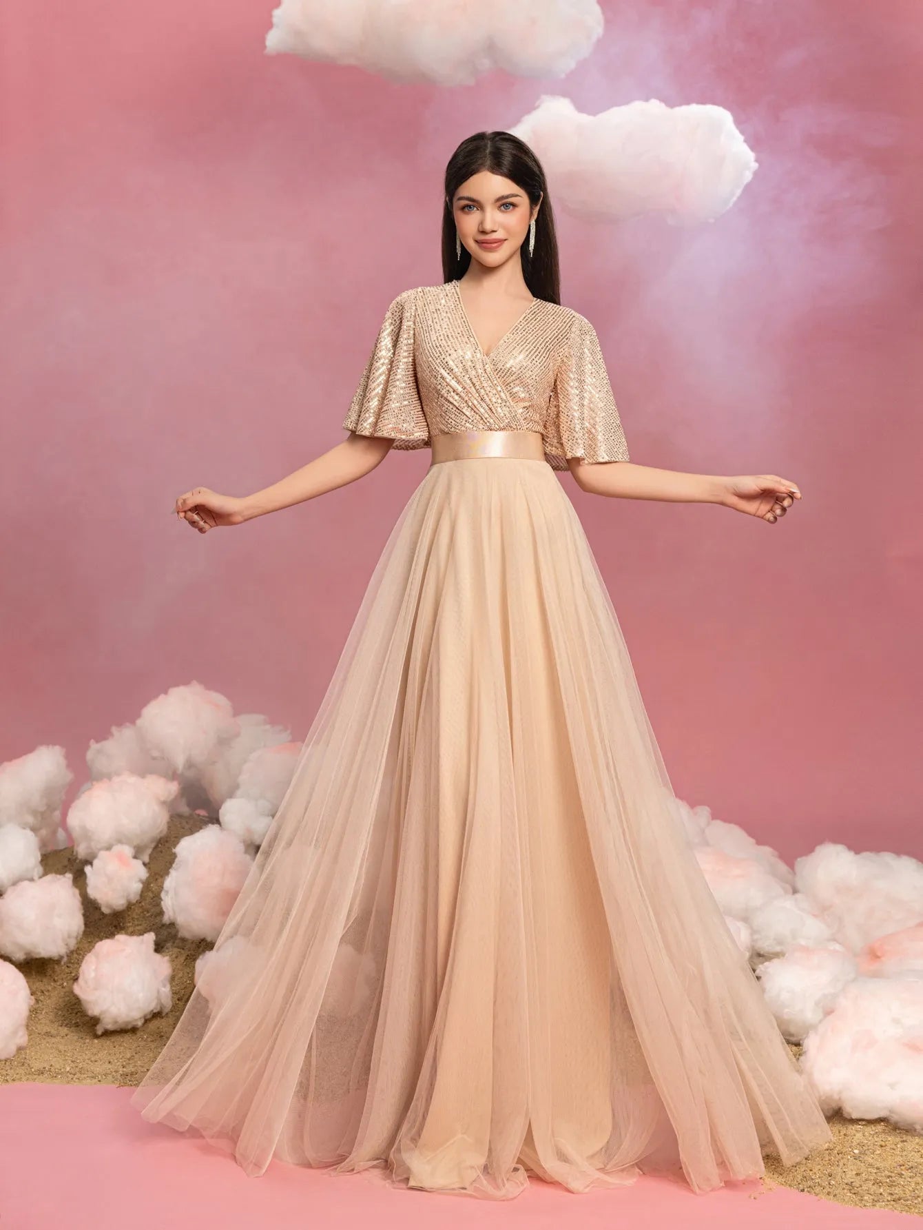 butterfly sleeved dress Teen Girls' Surplice Neck Butterfly Sleeves Sequin Party Dress Champagne / 16Y