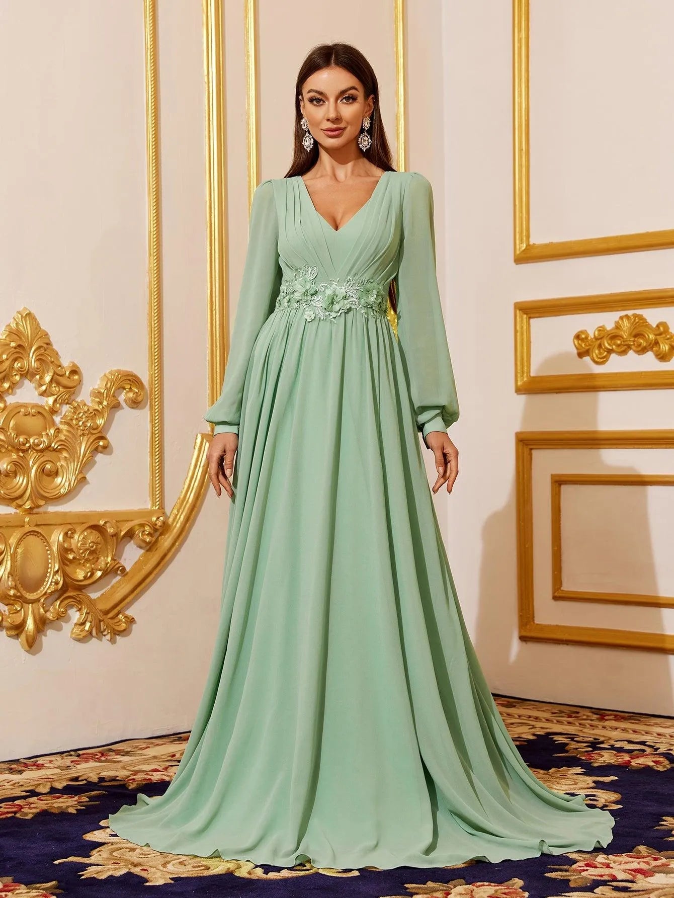 lantern sleeve dress Floral Applique Chiffon Formal Green / L I love this look Slightly stretchy Body Perfee Size:Custom (14-18 US, 46-50 EU)