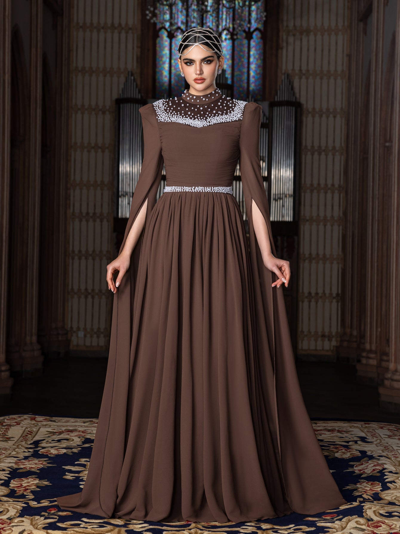 Elegant Mock Neck Extra-Long Sleeves Chiffon Evening Gown with White Bead Accents