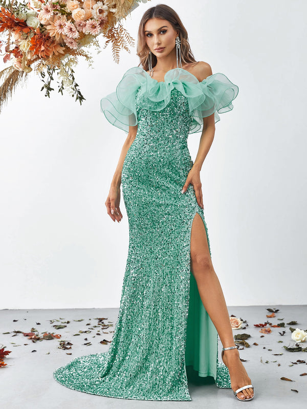 Elegant Off Shoulder Ruffle Trim Split Thigh Sequin Mermaid Dresses