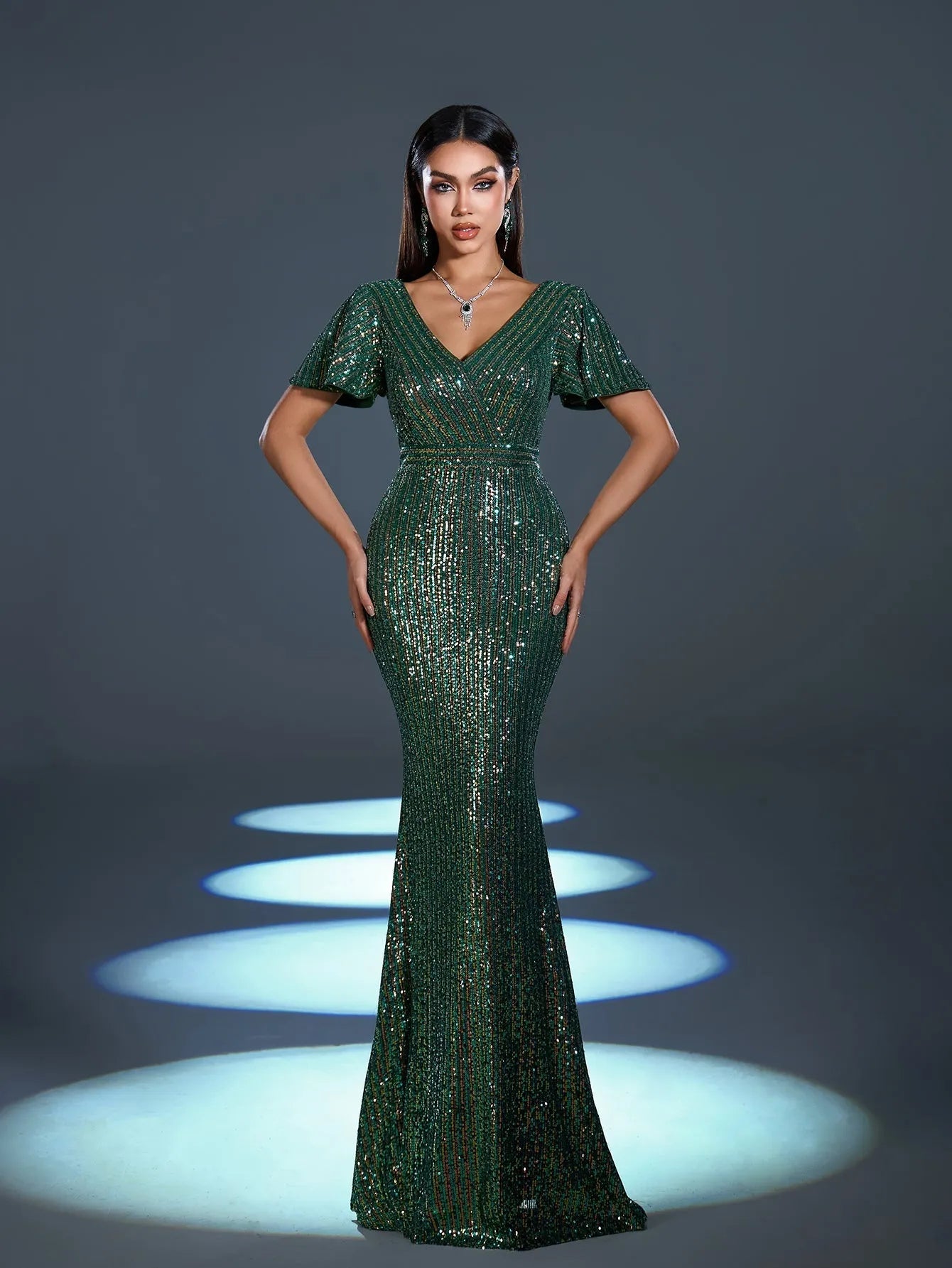 Elegant Sequin Butterfly Sleeves Mermaid Hem Evening Dress Green / M Elegant Sequin Butterfly Sleeves Mermaid Hem Evening Dress Green / M