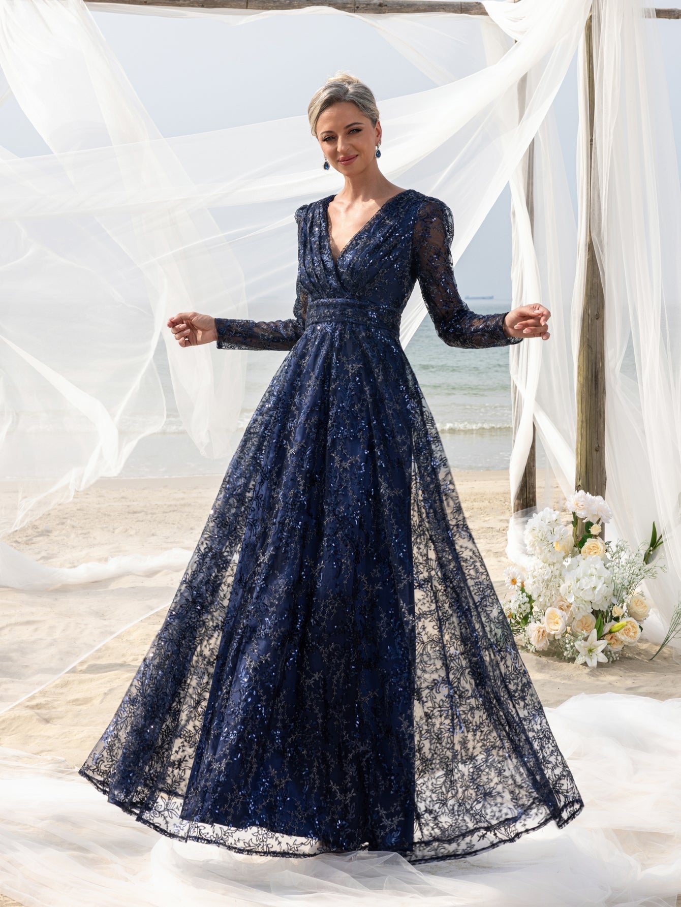 Womens' Elegant Lace & Sequin Evening Gown - V-Neck Long Sleeve Design with Cinched Waist & Flowing A-Line Skirt for Coastal Weddings, Luxury Evening Events