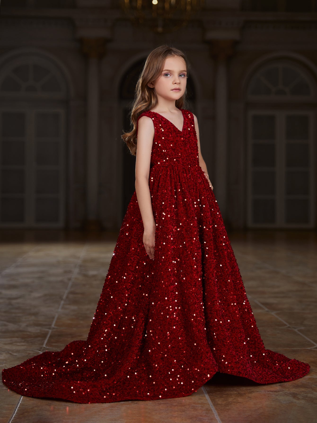 Girl's V Neck Sleeveless Sequin Tail Dress With Bow
