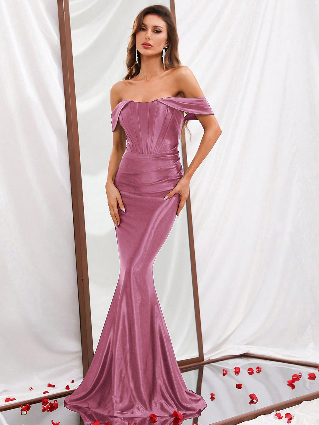 Pleated Off Shoulder Satin Mermaid Dresses Mauve / XL Pleated Off Shoulder Satin Mermaid Dresses Mauve / XL