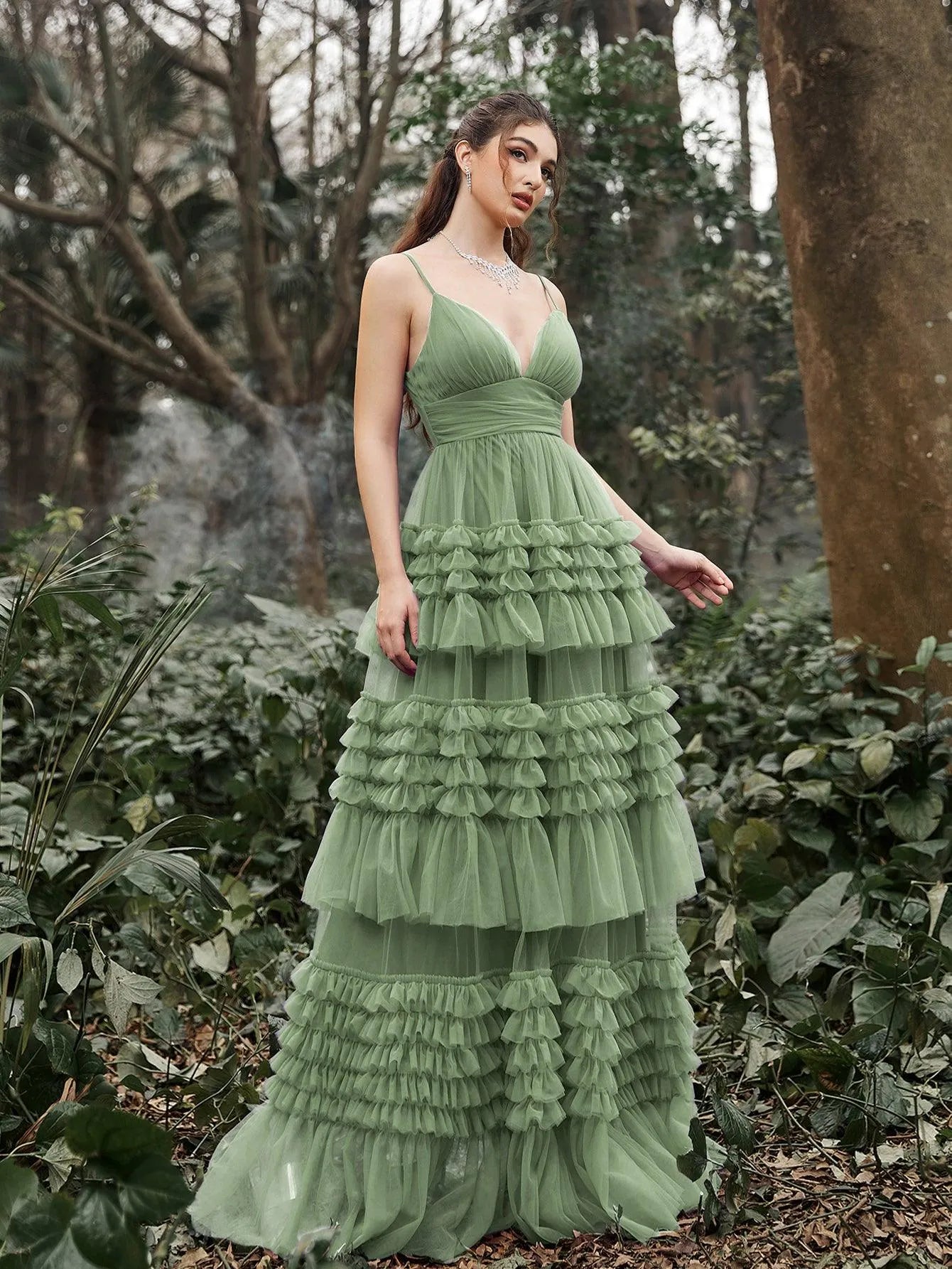 Gorgeous Plunging Neck Tiered Tulle Slip Prom Dress Dark Green / XL Gorgeous Plunging Neck Tiered Tulle Slip Prom Dress Dark Green / XL