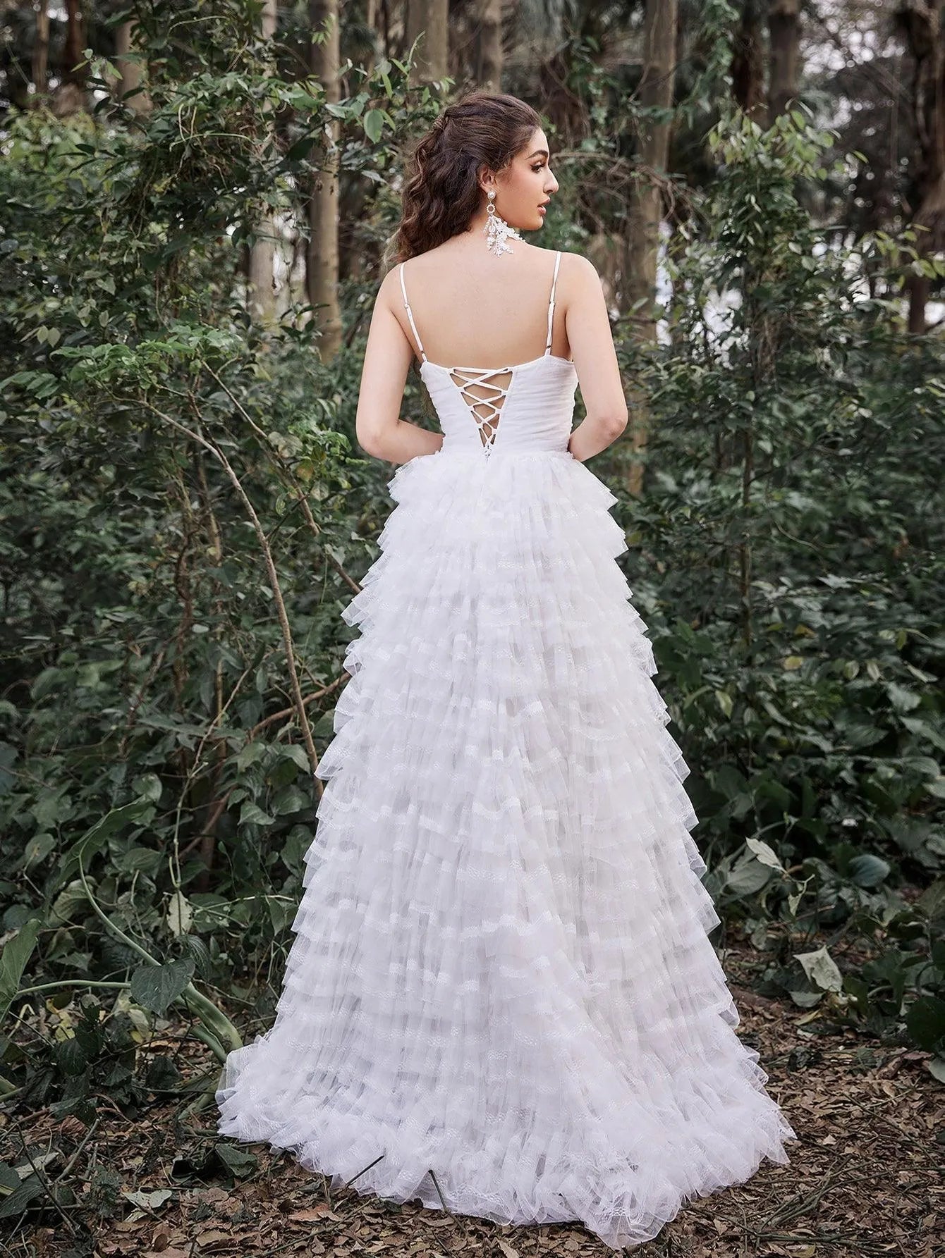 lace up back wedding dress Gorgeous Lace Up Back Cascading Ruffle Hem Slip Wedding Dress White / L