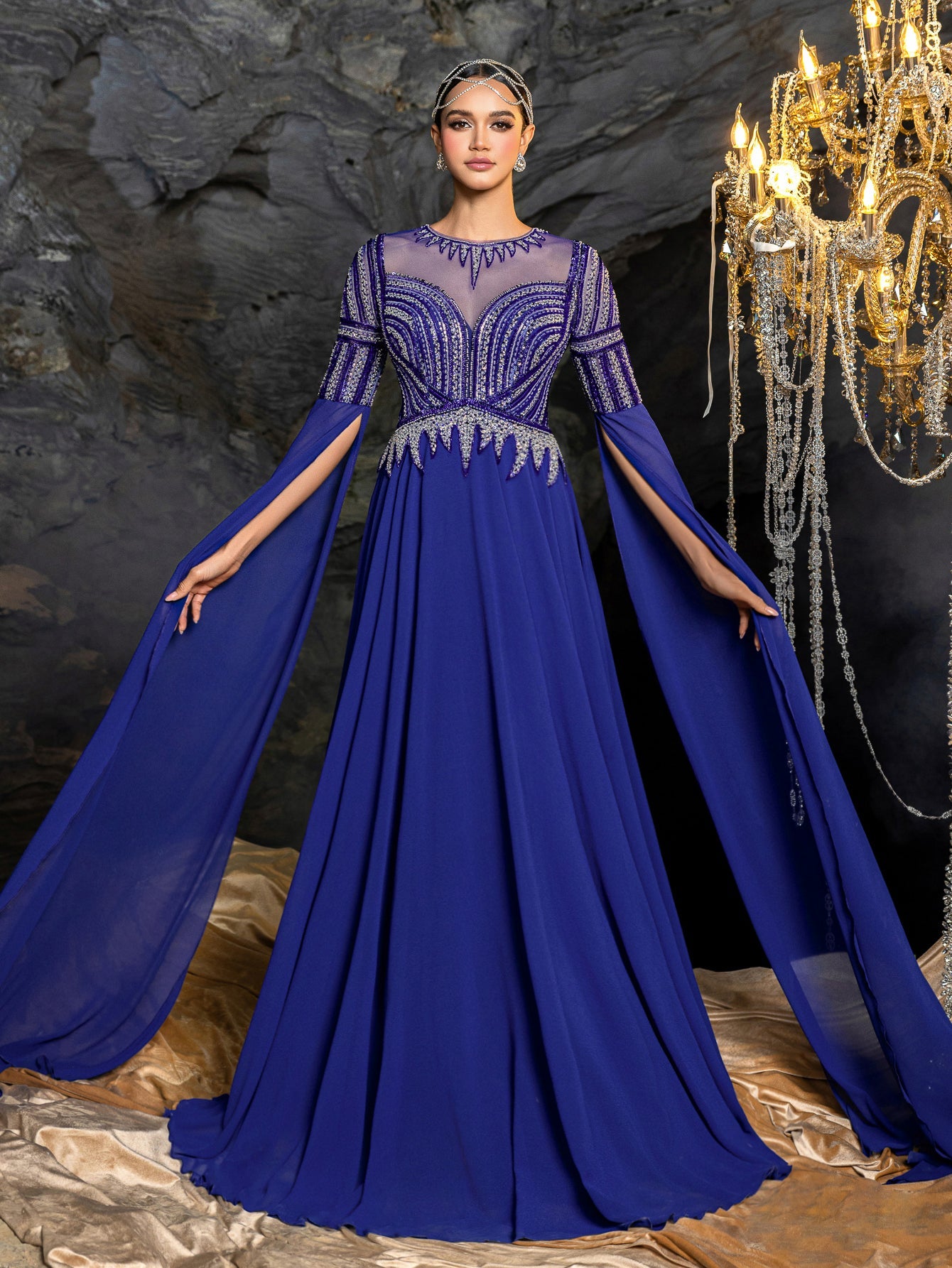 Gorgeous Chiffon Evening Gown with Sequins, Beads & Geometric V-Details, Long Sleeve Cape & Full Flowing Skirt