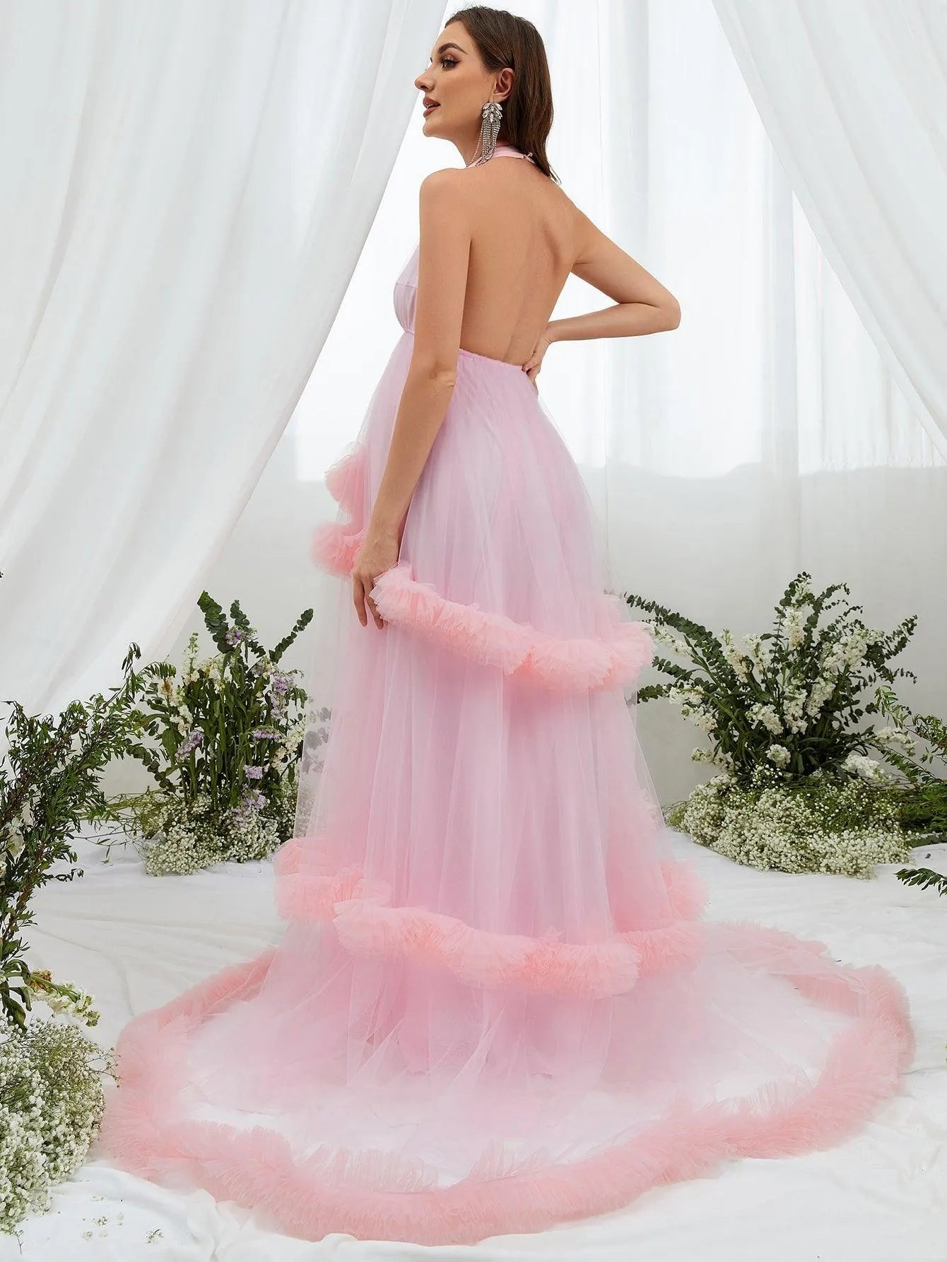 Maternity Maxi Halter Neck Layered Frill Trim Dress Pink / L Maternity Maxi Halter Neck Layered Frill Trim Dress Pink / L