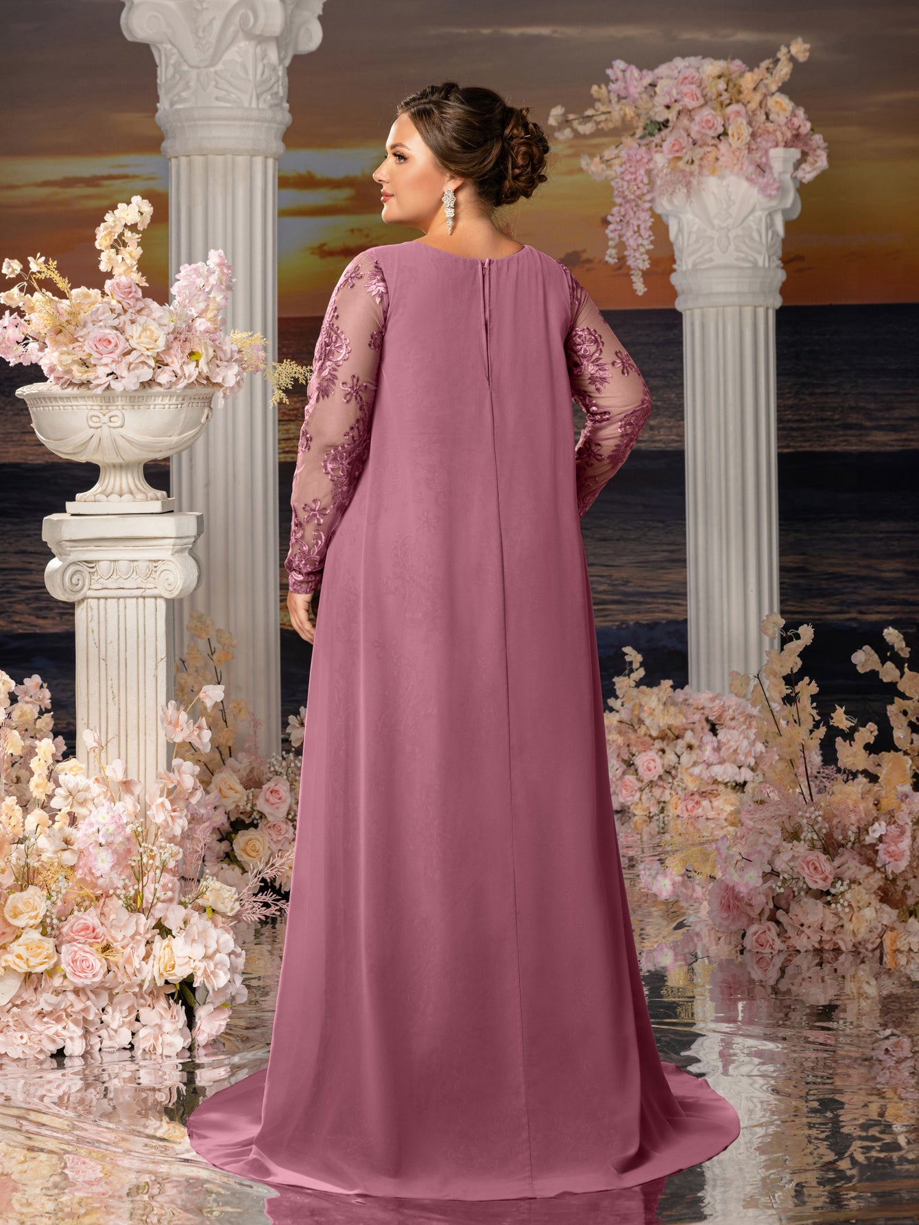 Plus Womens' Elegant Lace Mermaid Gown - Sheer Sleeves & Intricate Lace Patterns with Chiffon Overlay for Beach Weddings, Romantic Coastal Events