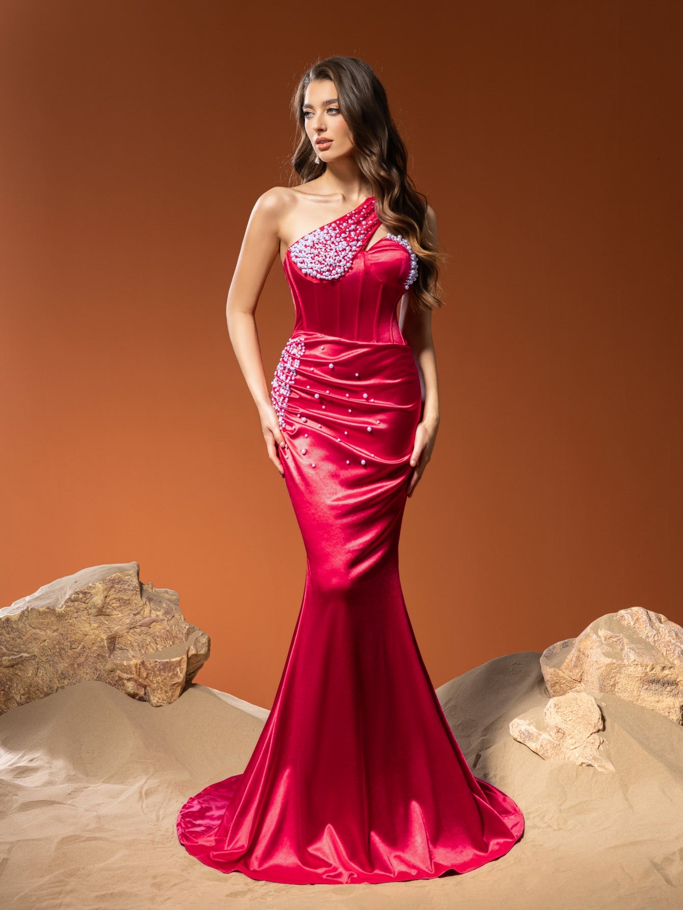 Elegant One Shoulder Mermaid Hem Satin Evening Dress with Pearl Accents