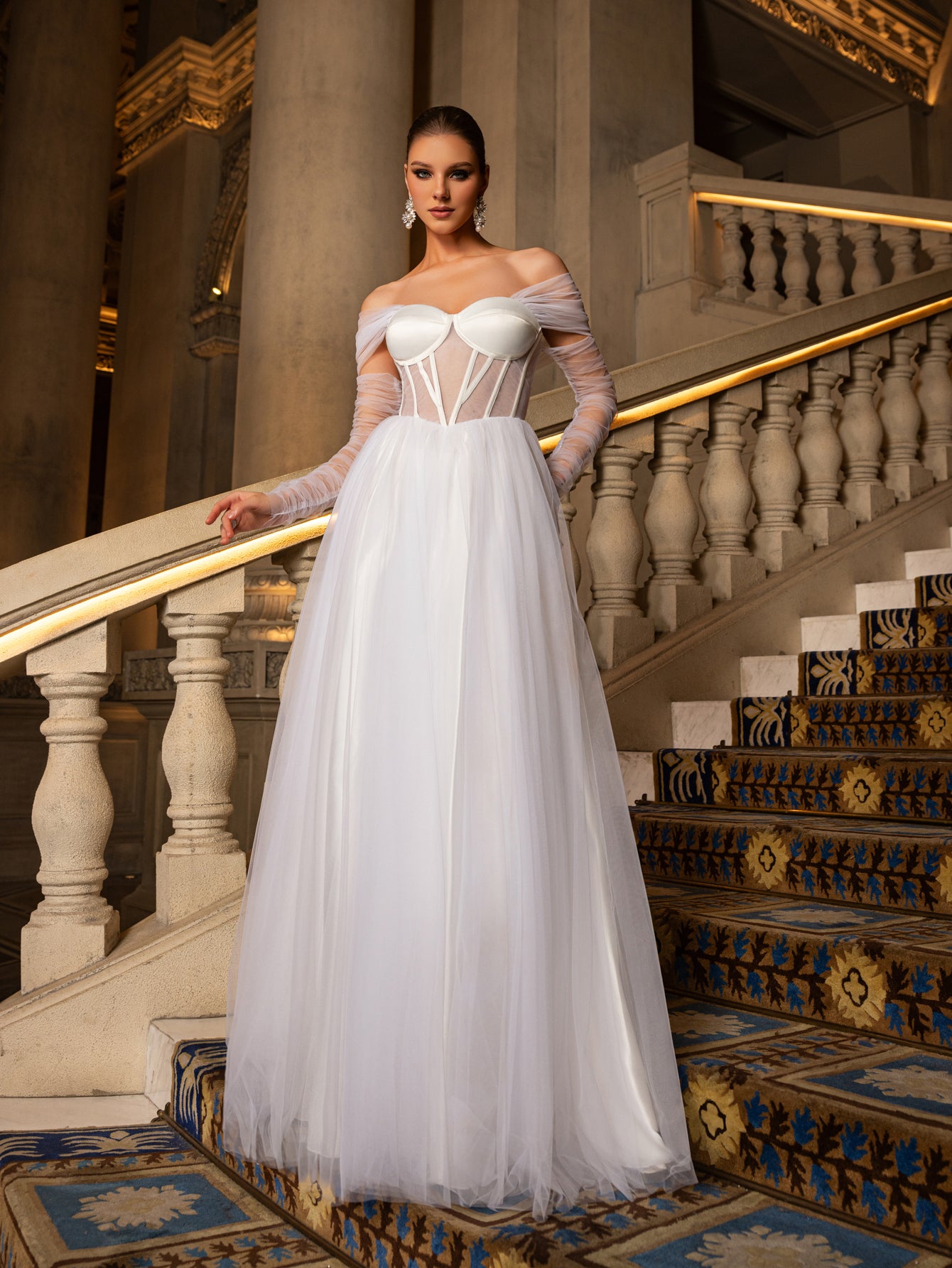 Elegant Off Shoulder Sheer Sleeves Tulle Evening Gown Wedding Dress