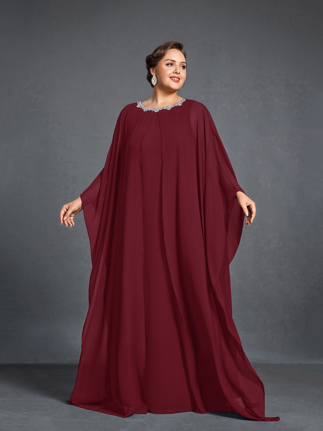 Plus Womens' Embellished Round -Neck Formal Dress with Sheer Chiffon Cape Sleeves