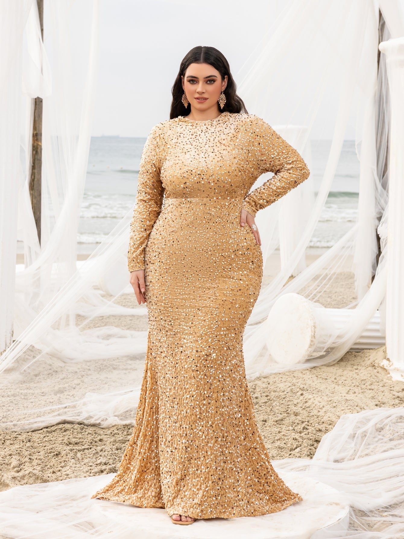 Plus Elegant Maxi Sequin Evening Gown with Mock Neck, Long Sleeves, and Mermaid Fishtail Skirt