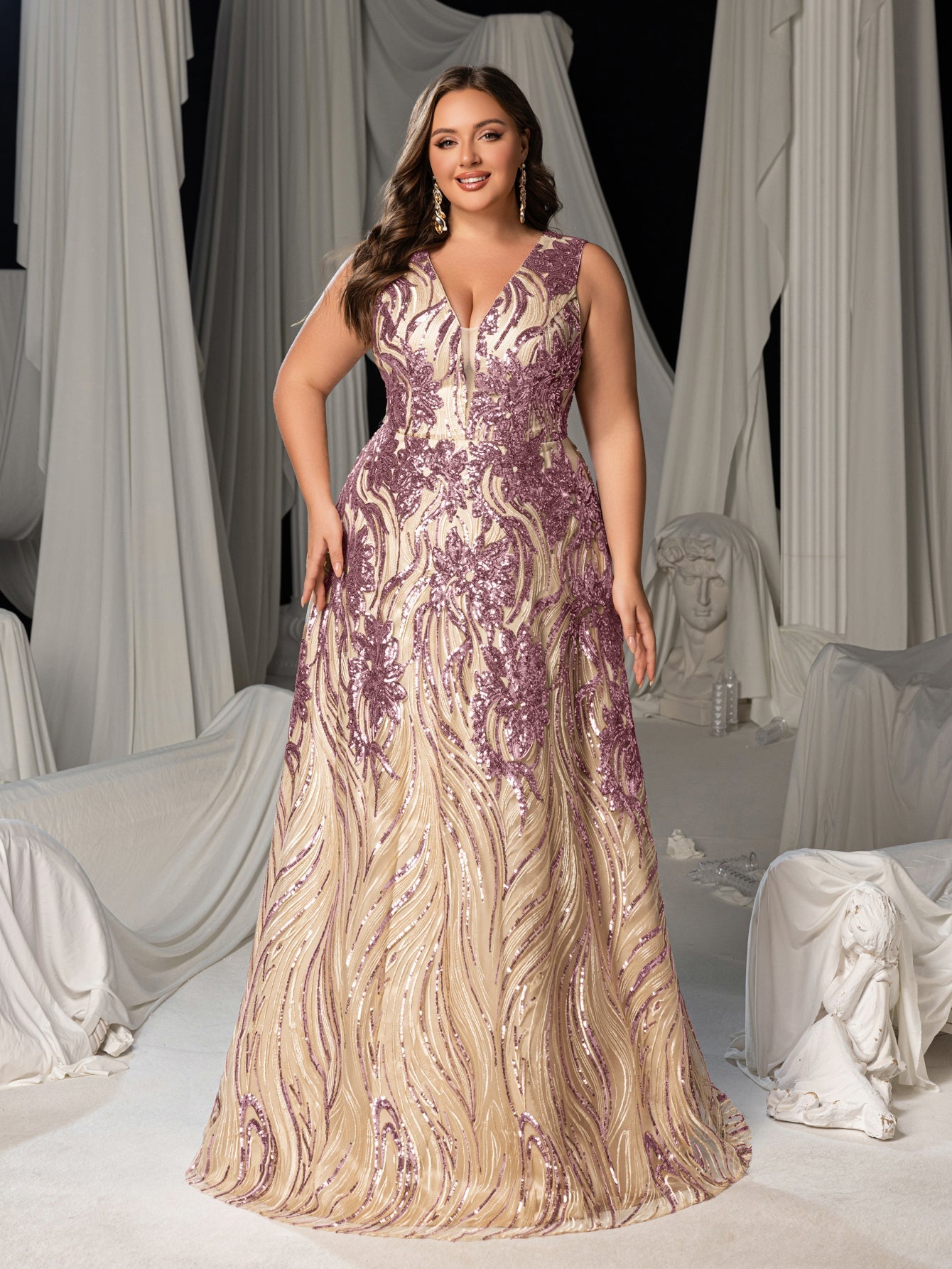 Plus Floral Sequin V Neck Sleeveless A-Line Formal Dress