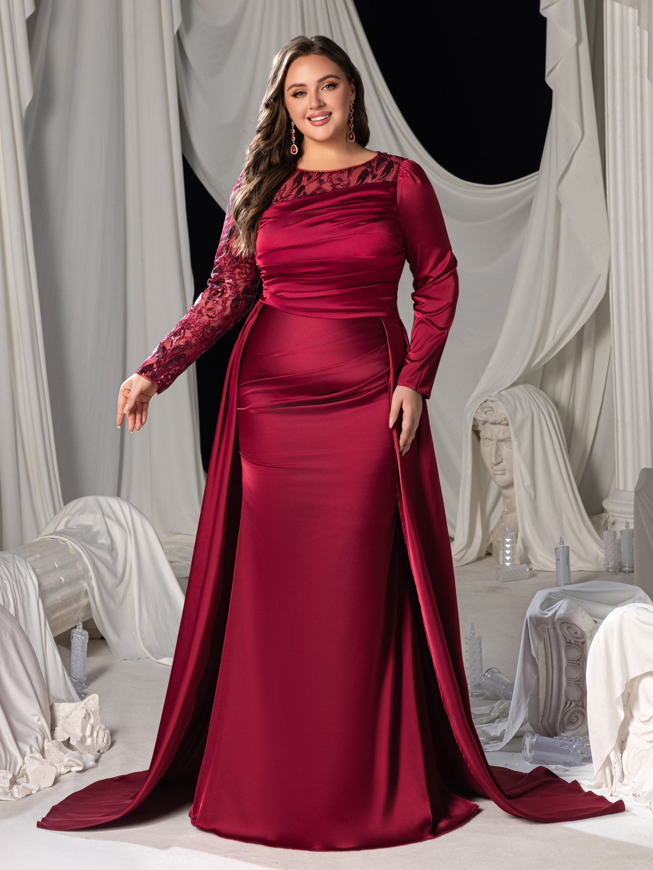 Plus Long Sleeves Mermaid Hem Satin Evening Dress with Floral Sequin Accents