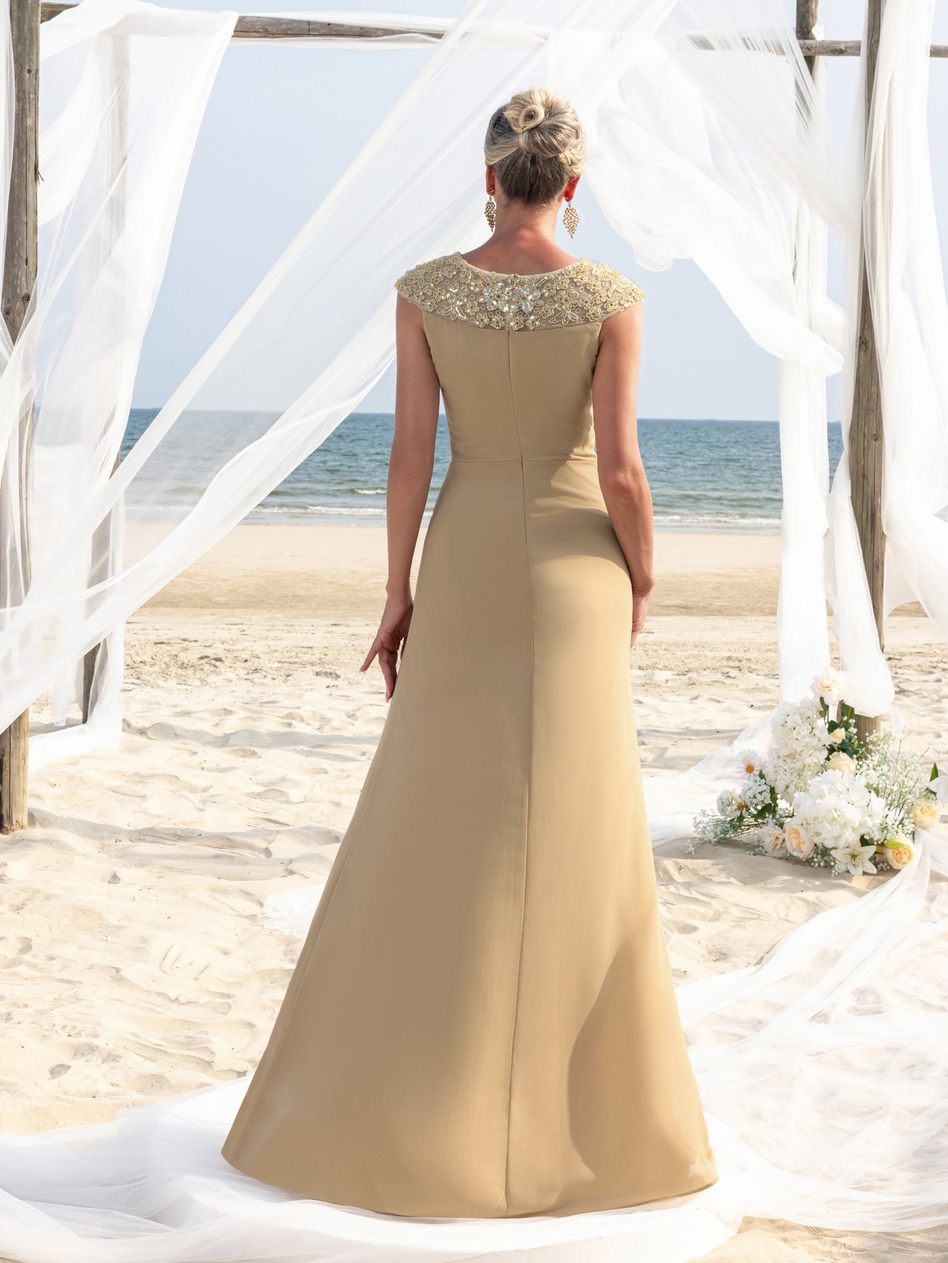 Womens' Elegant Sleeveless Chiffon Floor-Length Gown with Beaded Sequin Neckline – Perfect for Weddings, Evening Events, Coastal Celebrations, and Red-Carpet Occasions