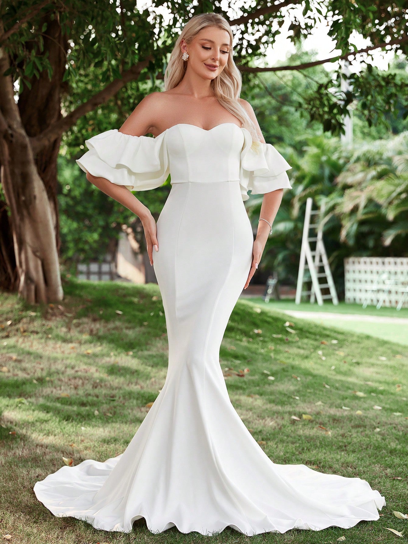 Off Shoulder Ruffle Trim Mermaid Wedding Dress