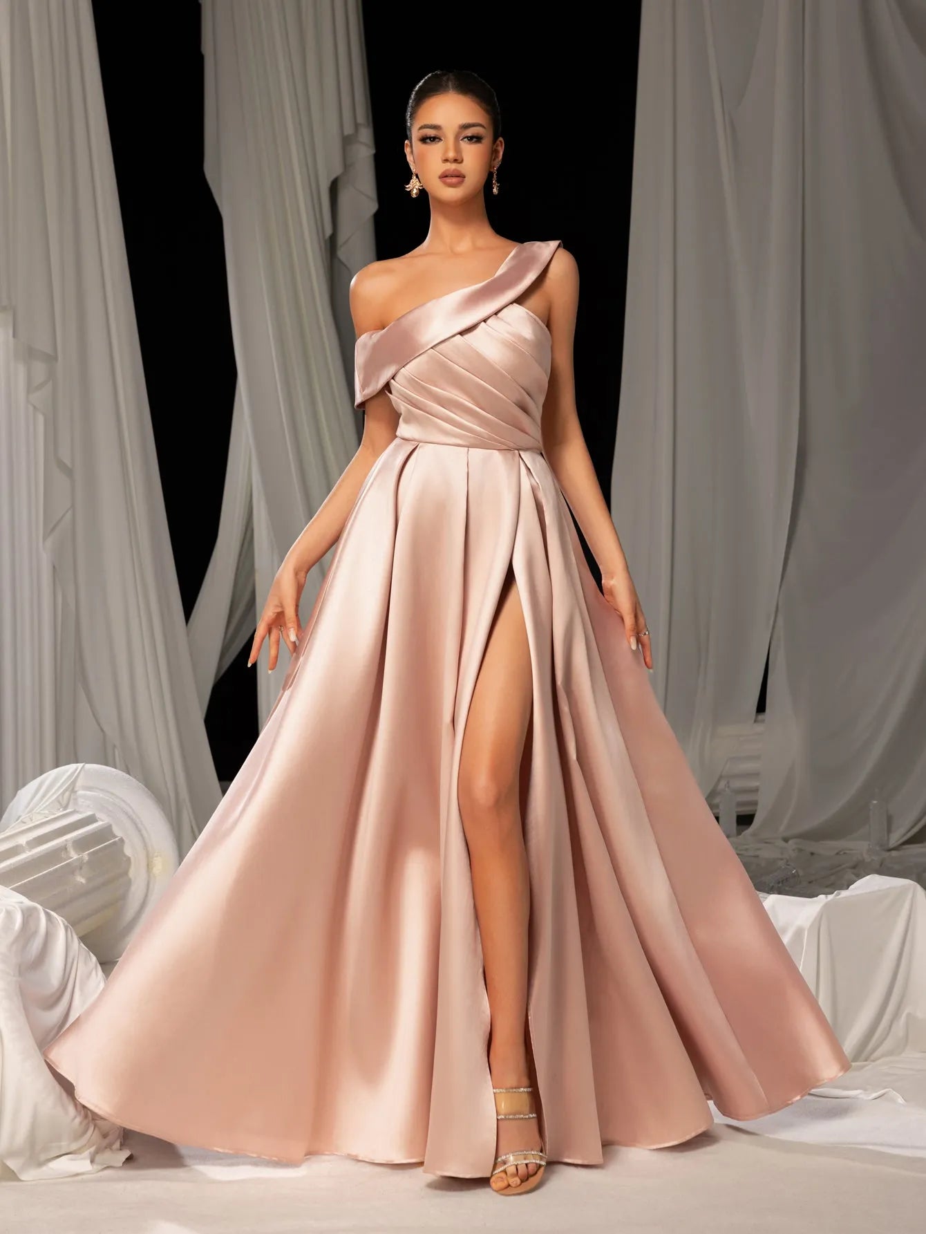 satin prom dress Elegant Sloping Neck Split A-line Satin Formal Prom Dress Nude / M