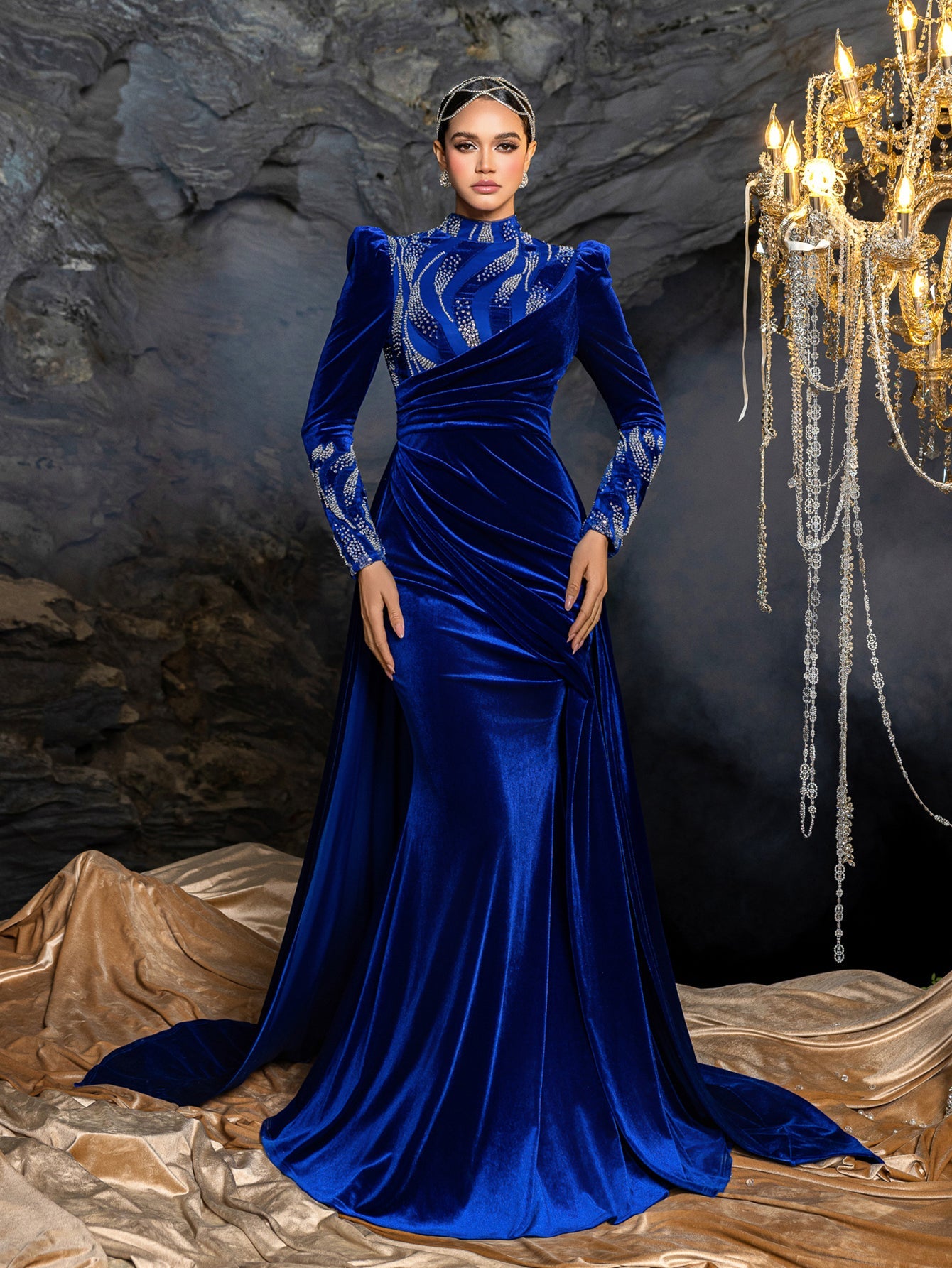 Long Sleeve Beaded Evening Gown with Sweep Train