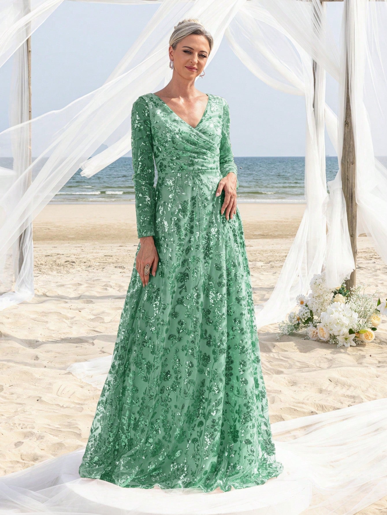 Womens' Elegant V-Neck Evening Gown with Delicate Lace & Silver Embroidery – Long Flowing Skirt for Seaside Weddings & Romantic Beach Events