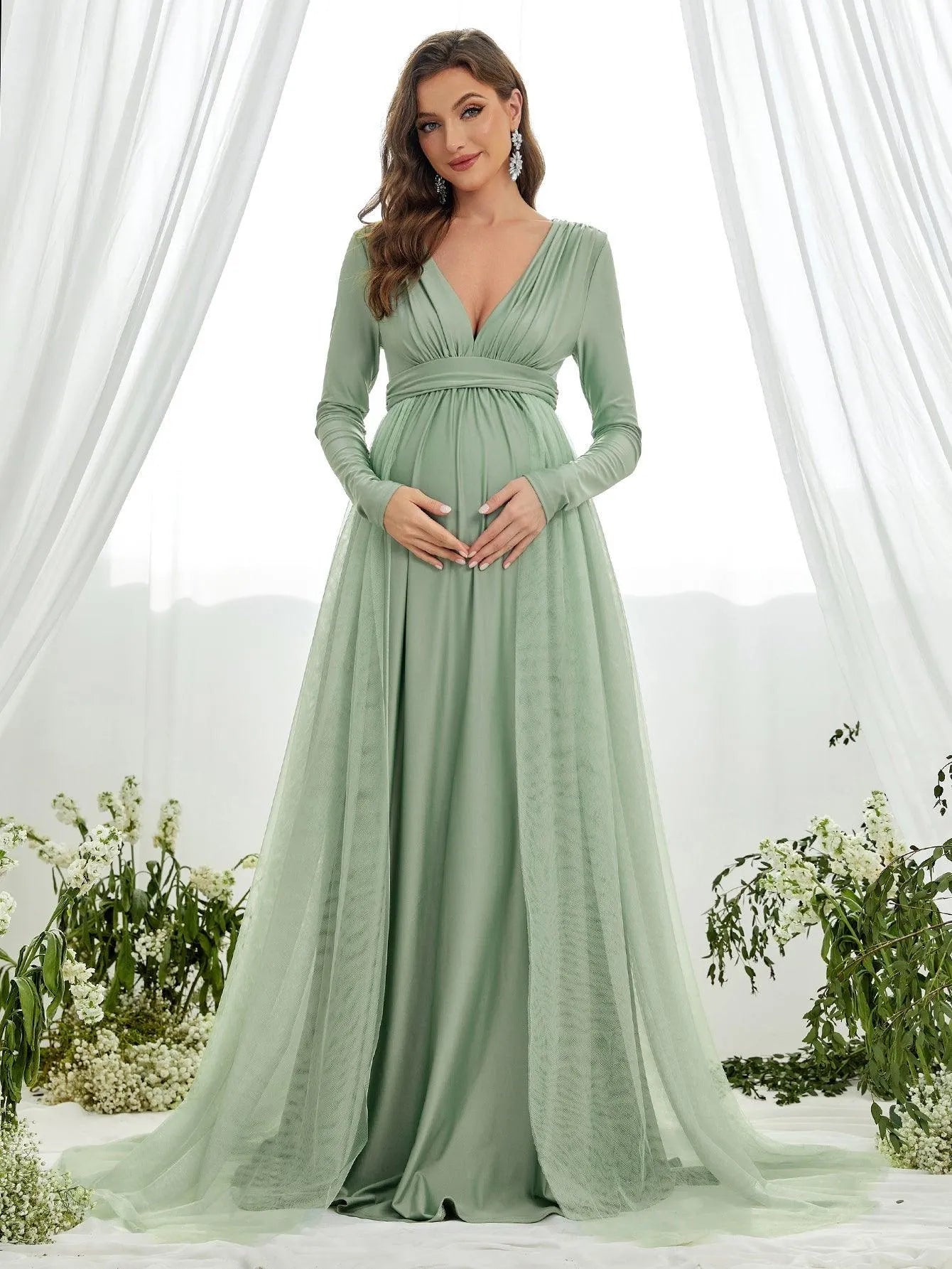 Maternity Plunging Neck Long Sleeve Contrast Mesh Formal Dress Green / L Maternity Plunging Neck Long Sleeve Contrast Mesh Formal Dress Green / L