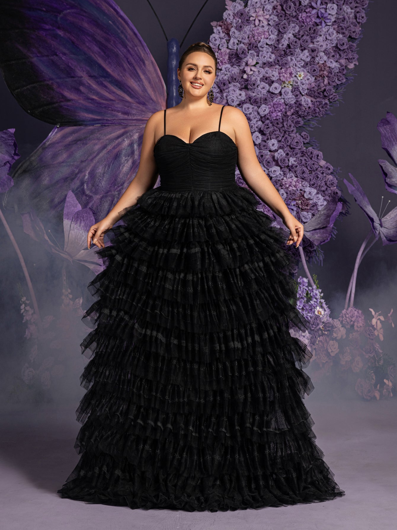 cascading ruffle lace dress Plus Gorgeous Lace Up Back Cascading Ruffle Hem Slip Wedding Dress Black / 3XL