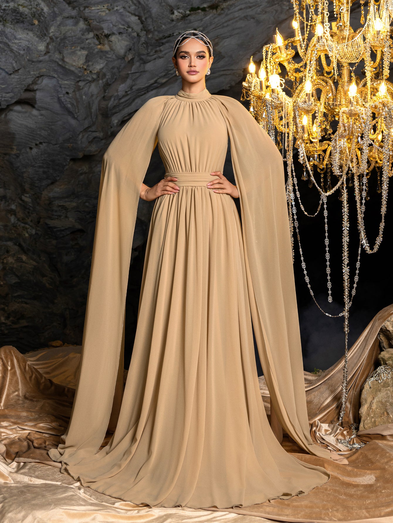 Elegant Mock Neck Cloak Sleeve Chiffon Formal Dress