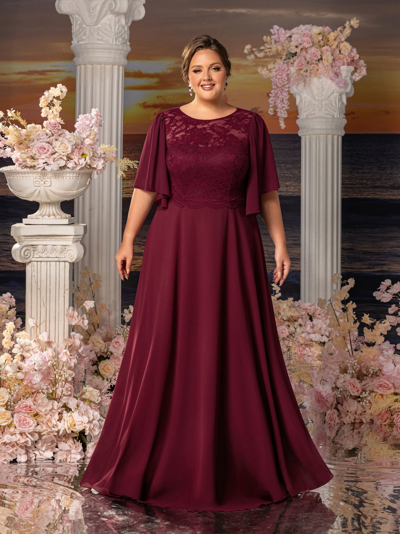 Plus Womens' ELegant Mother-of-the-Bride Gown: Lace Bodice with Chiffon Ruffled Sleeves – Elegant Beach Wedding Formal Dress