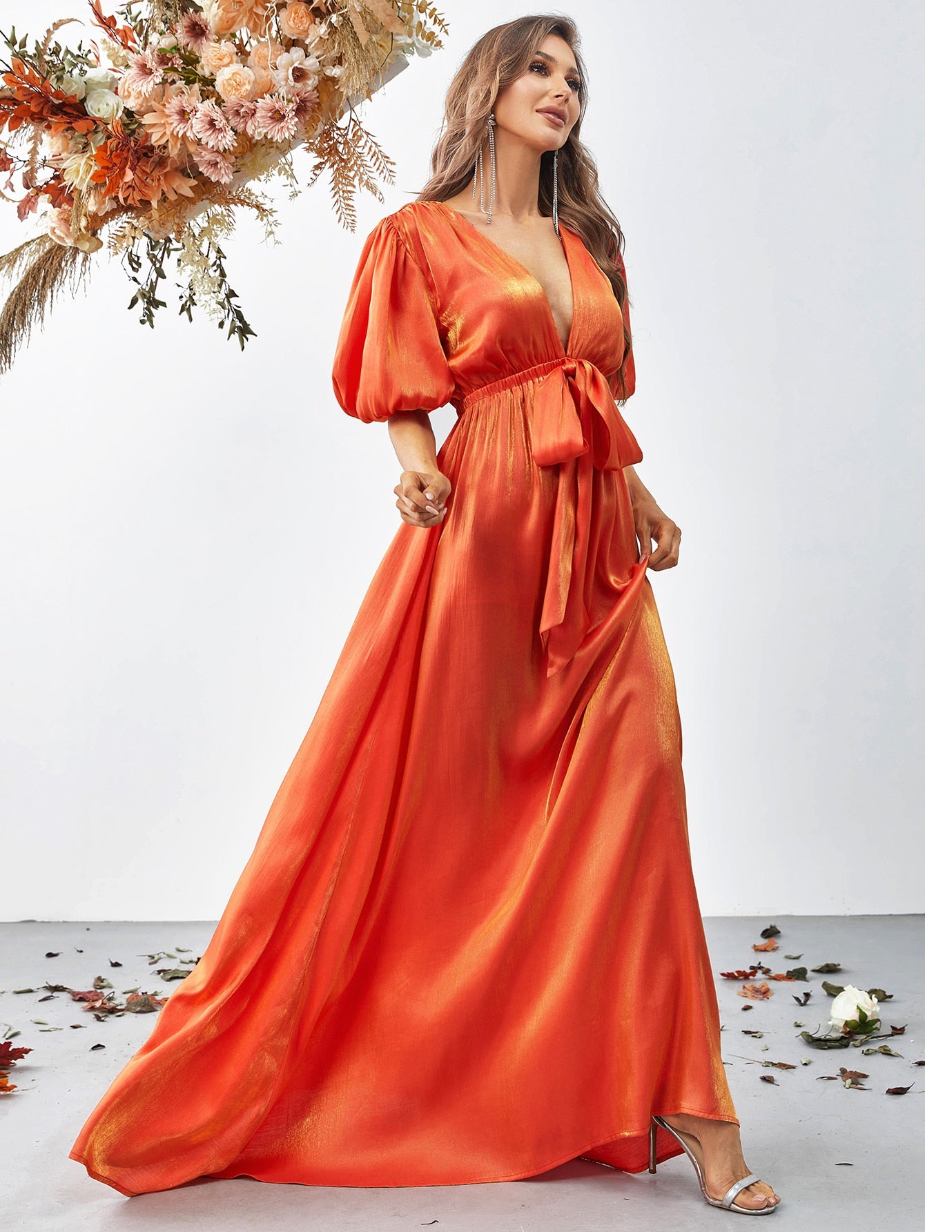 Orange Plunging Neck Puff Sleeve Belted Dress
