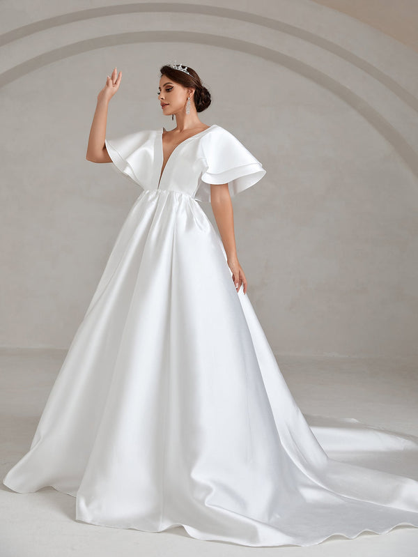 Backless Ruffle Layered Sleeve Wedding Dress