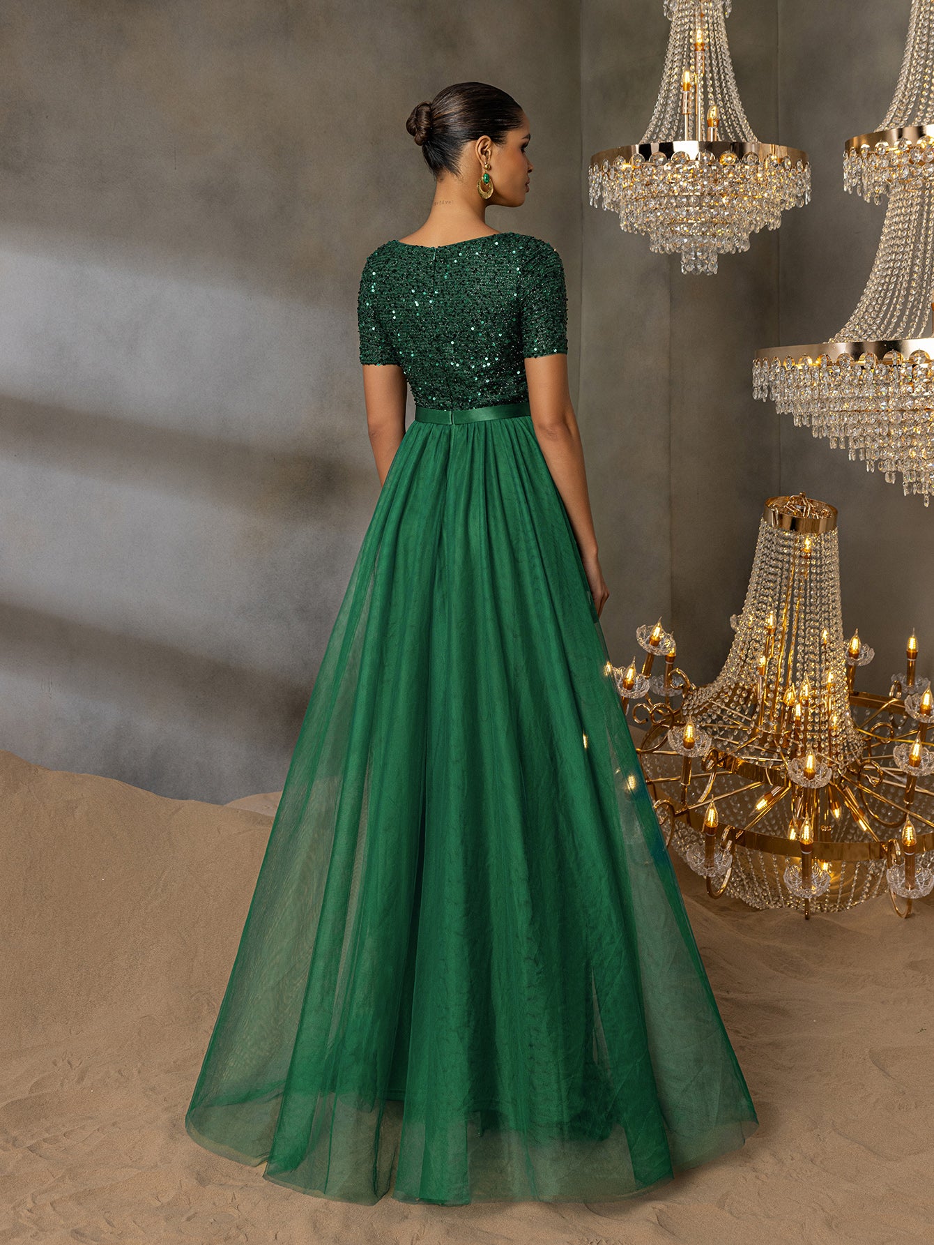 party dress tulle skirt Elegant Tulle Party Dress with Sequin Top & Tulle Skirt Luxury Even Khaki / XS