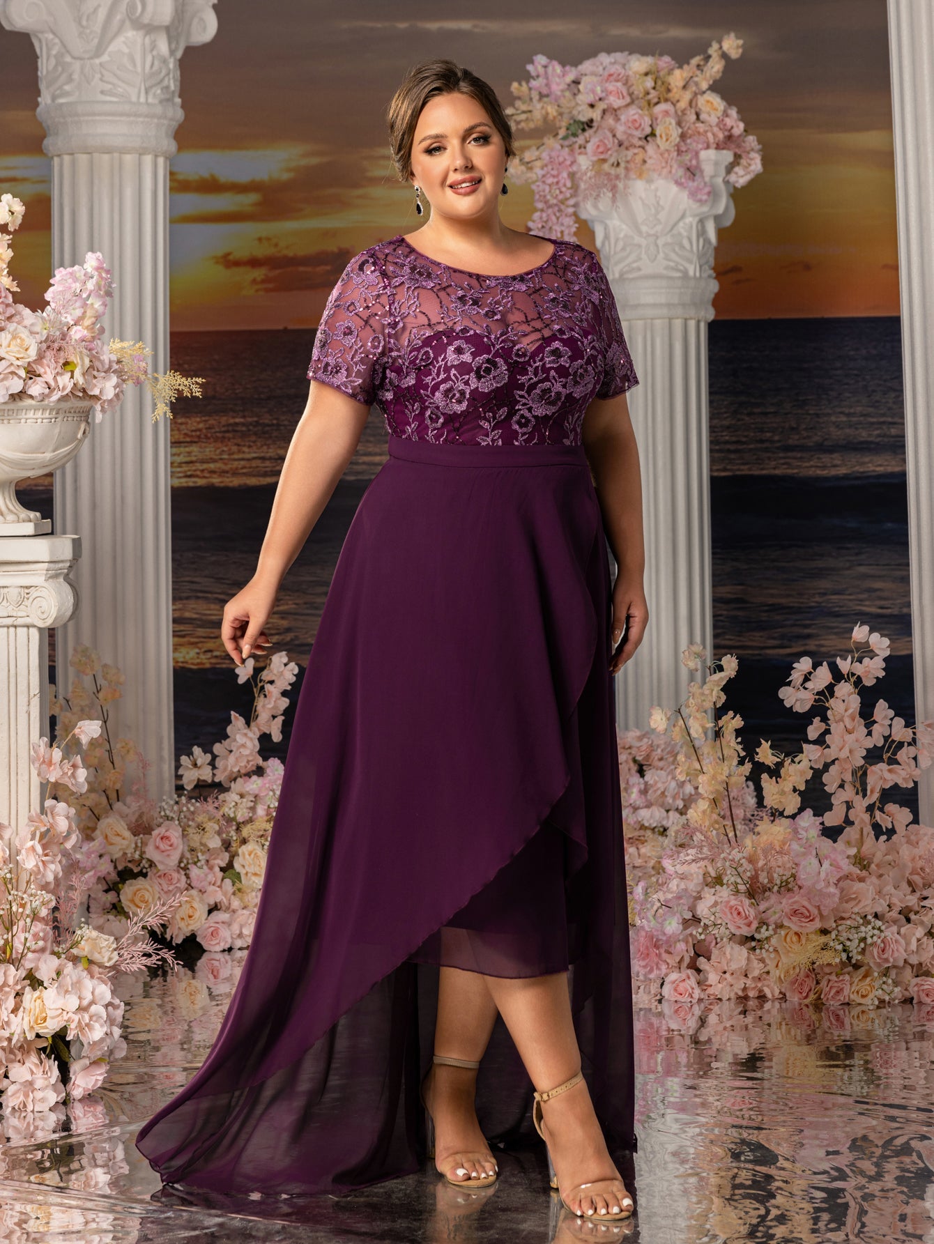 Plus Womens' Elegant Mother-of-the-Bride Gown: Embroidered Sequin Bodice with Asymmetric Chiffon Skirt – Formal Dress for Beach Weddings & Evening Galas