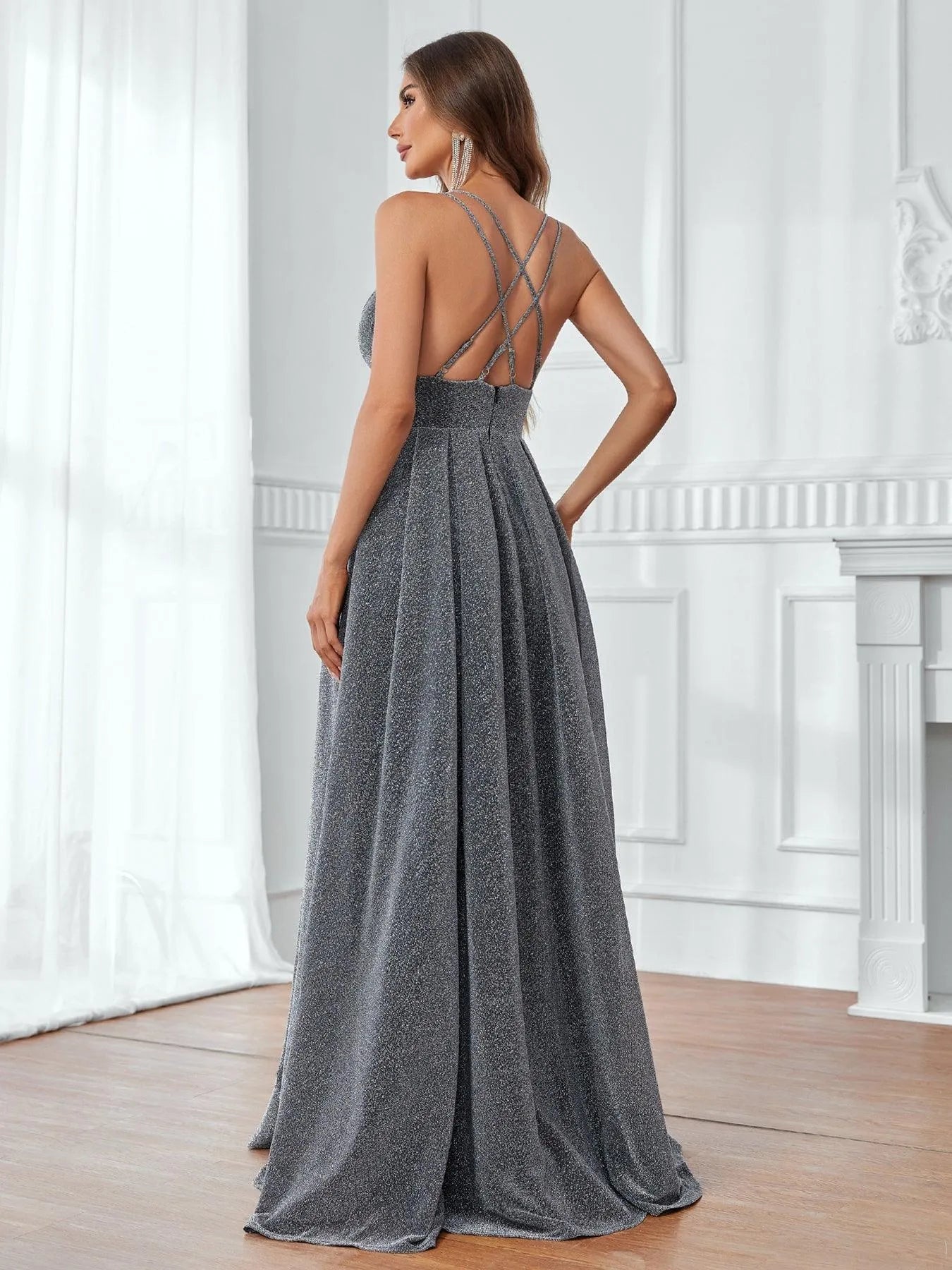 Glitter Backless A Line Formal Cami Dress Silver / XL Glitter Backless A Line Formal Cami Dress Silver / XL