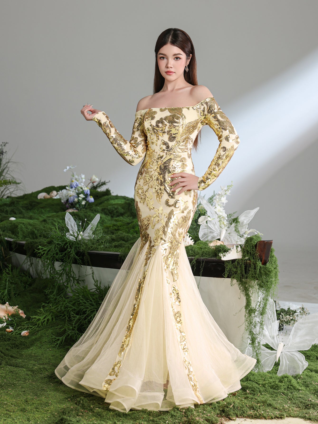 Teen Girls' Off Shoulder Long Sleeves Contrast Mesh Mermaid Hem Floral Sequin Party Dress