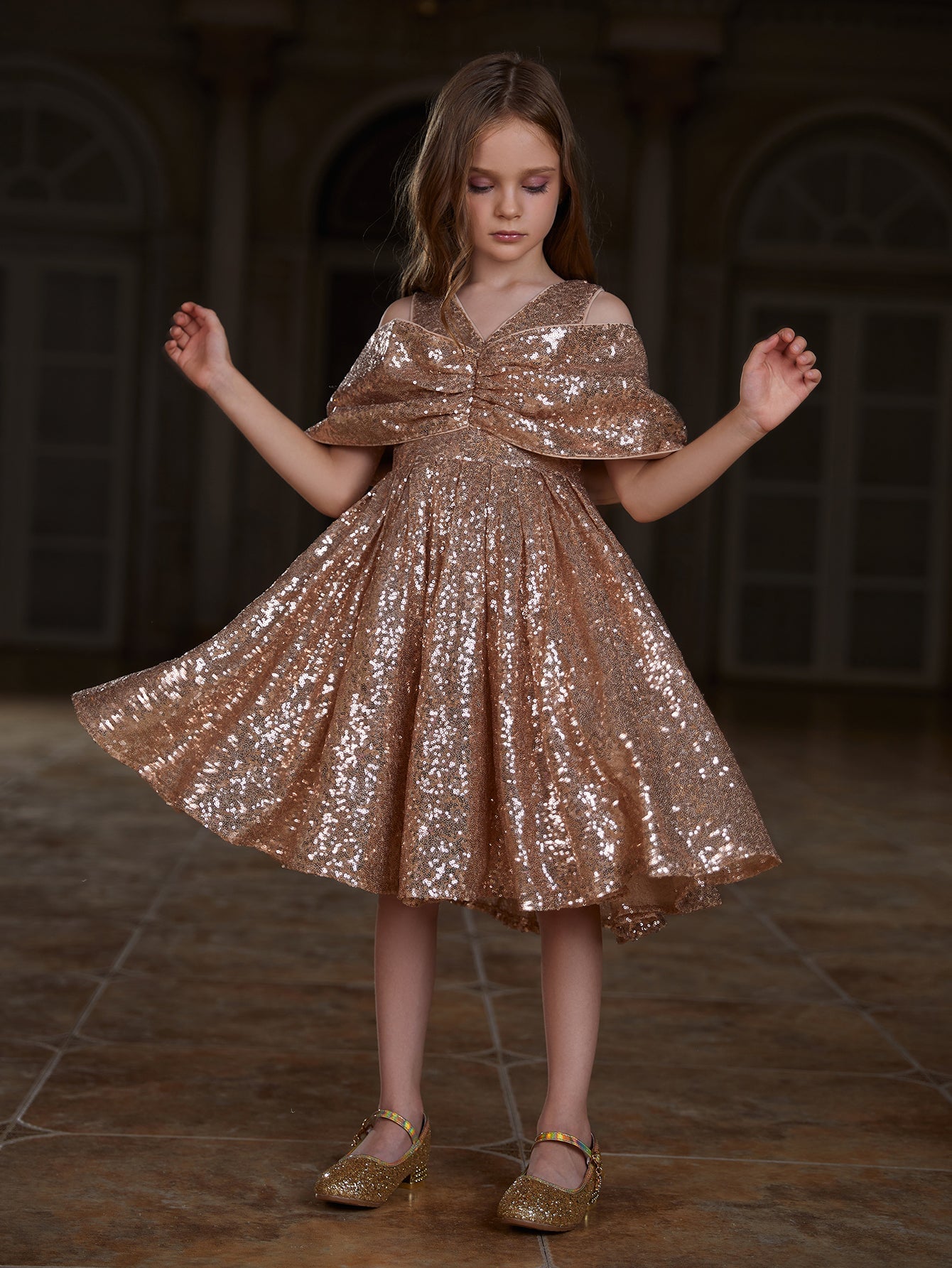 Girl's Bow Detail Sequin Midi Dress