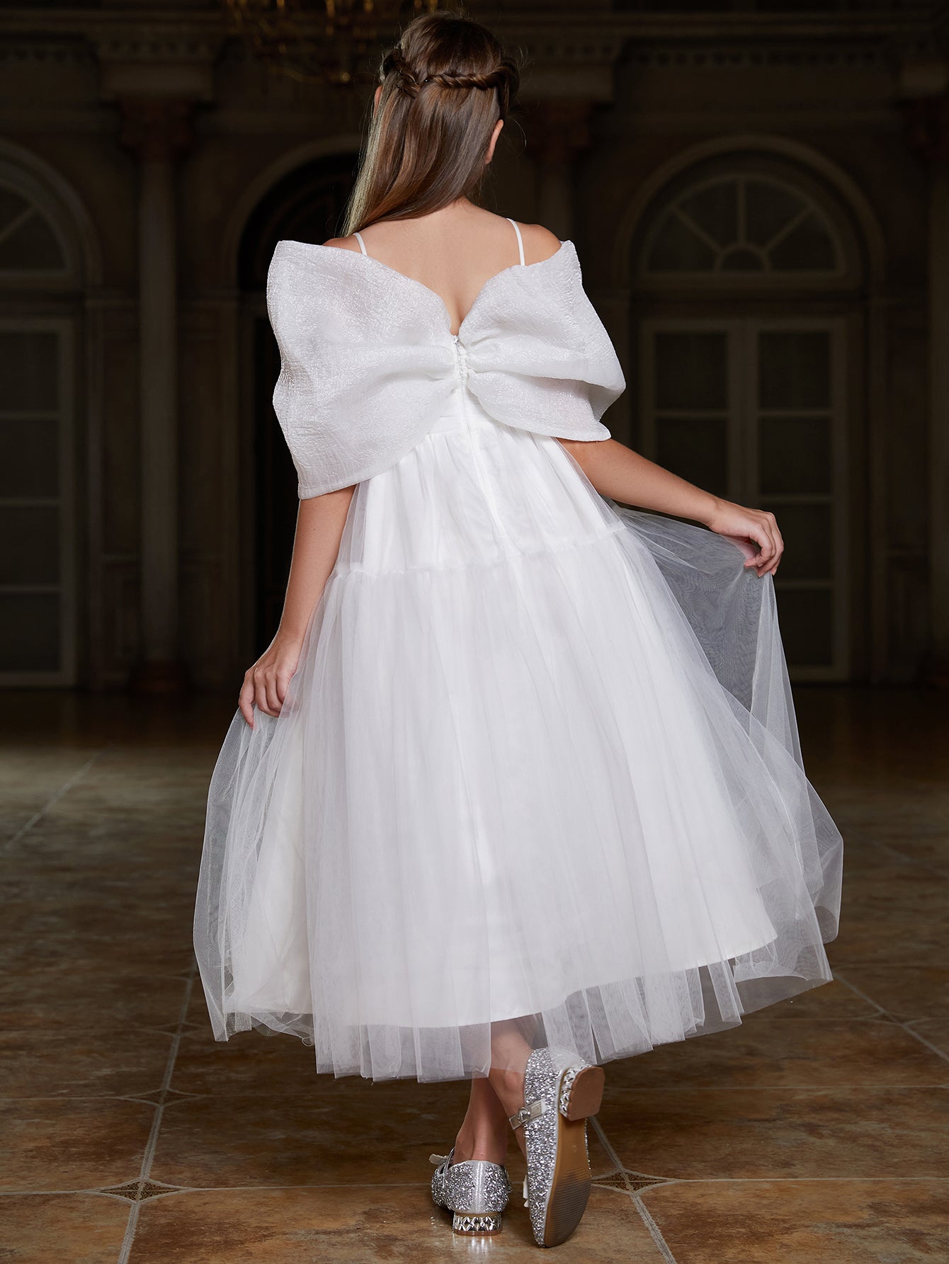 Girl's Bow Front Off Shoulder Mesh A Line Dress White / 12Y Girl's Bow Front Off Shoulder Mesh A Line Dress White / 12Y